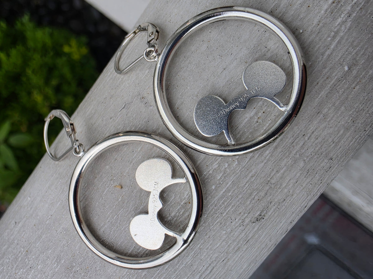 925 Sterling Silver Mickey Mouse Circle Silhouette Hi-Polish Dangling Earrings