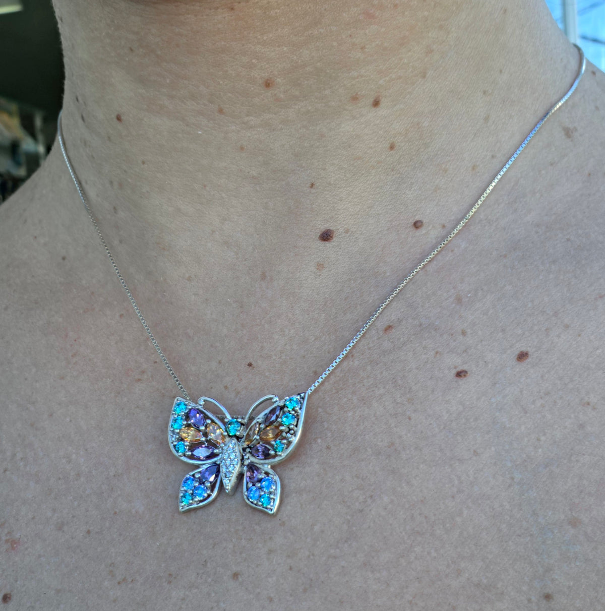 925 Sterling Silver Multi-Color Gemstone Butterfly Pendant Necklace