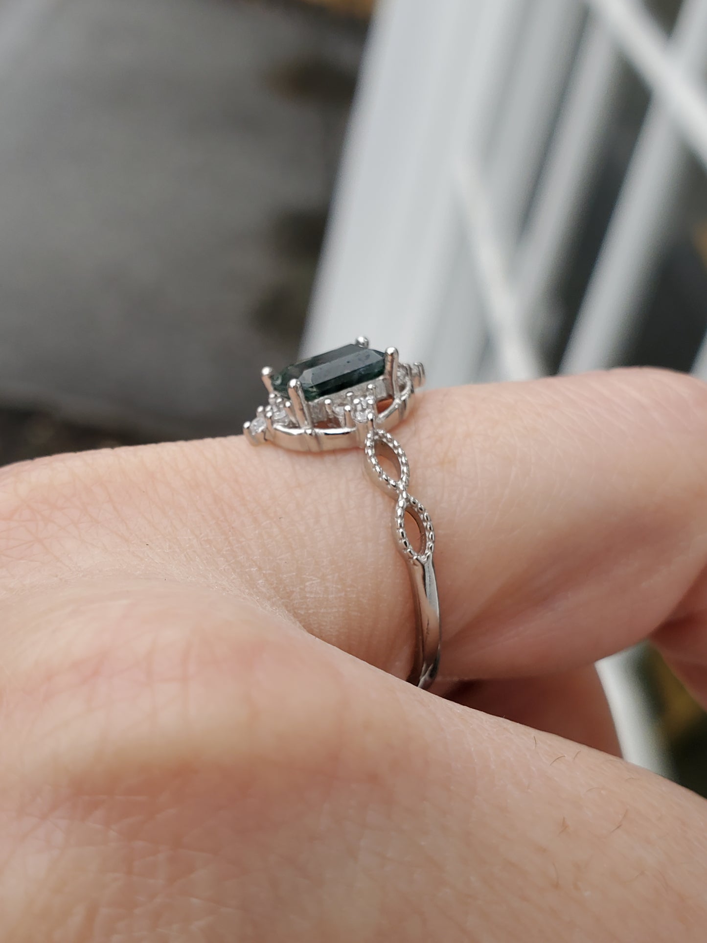 925 Sterling Silver Emerald Cut Mossy Agate Zirconia Ring
