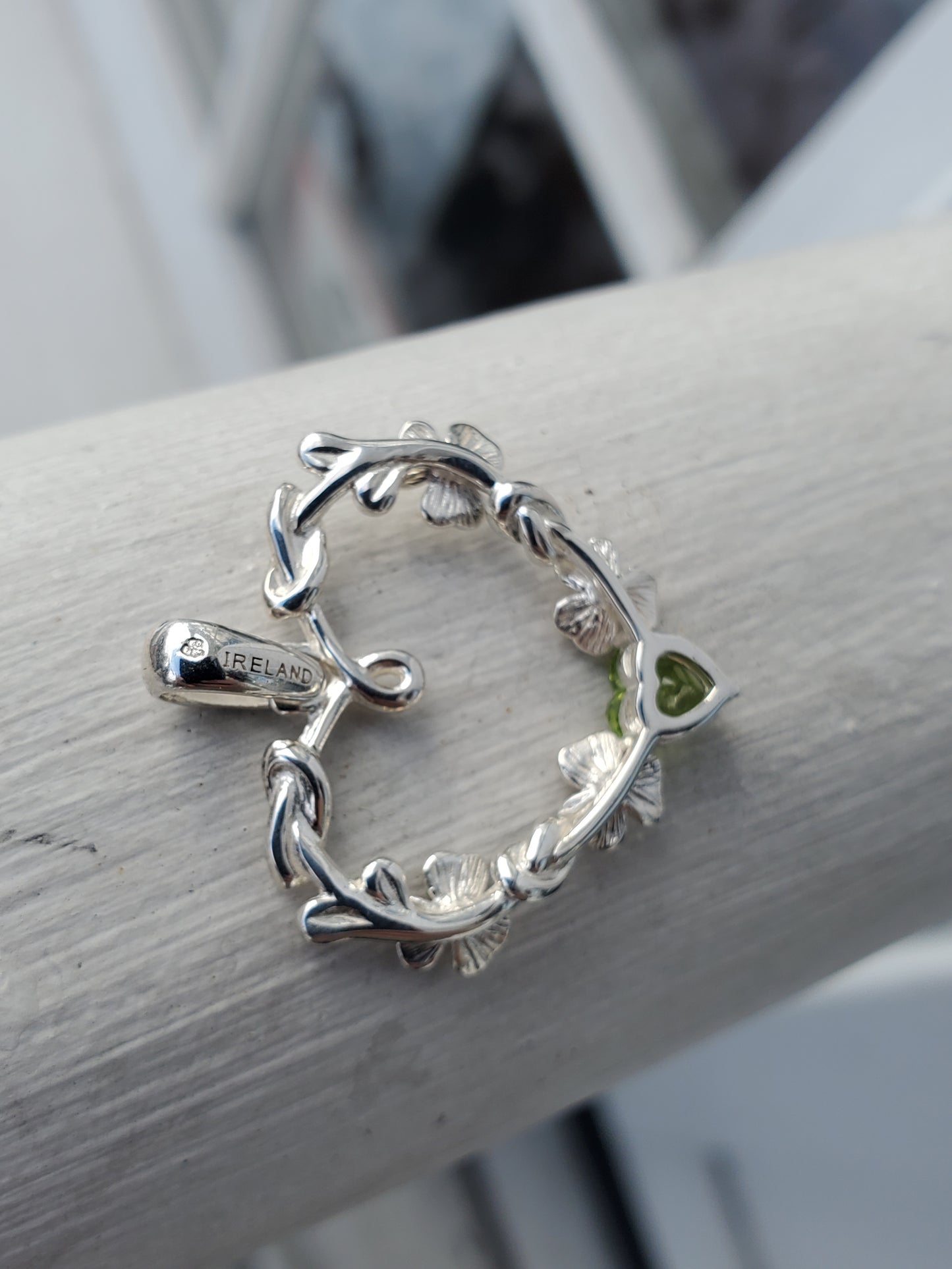 925 Sterling Silver Made in Ireland Peridot Clover Heart Pendant