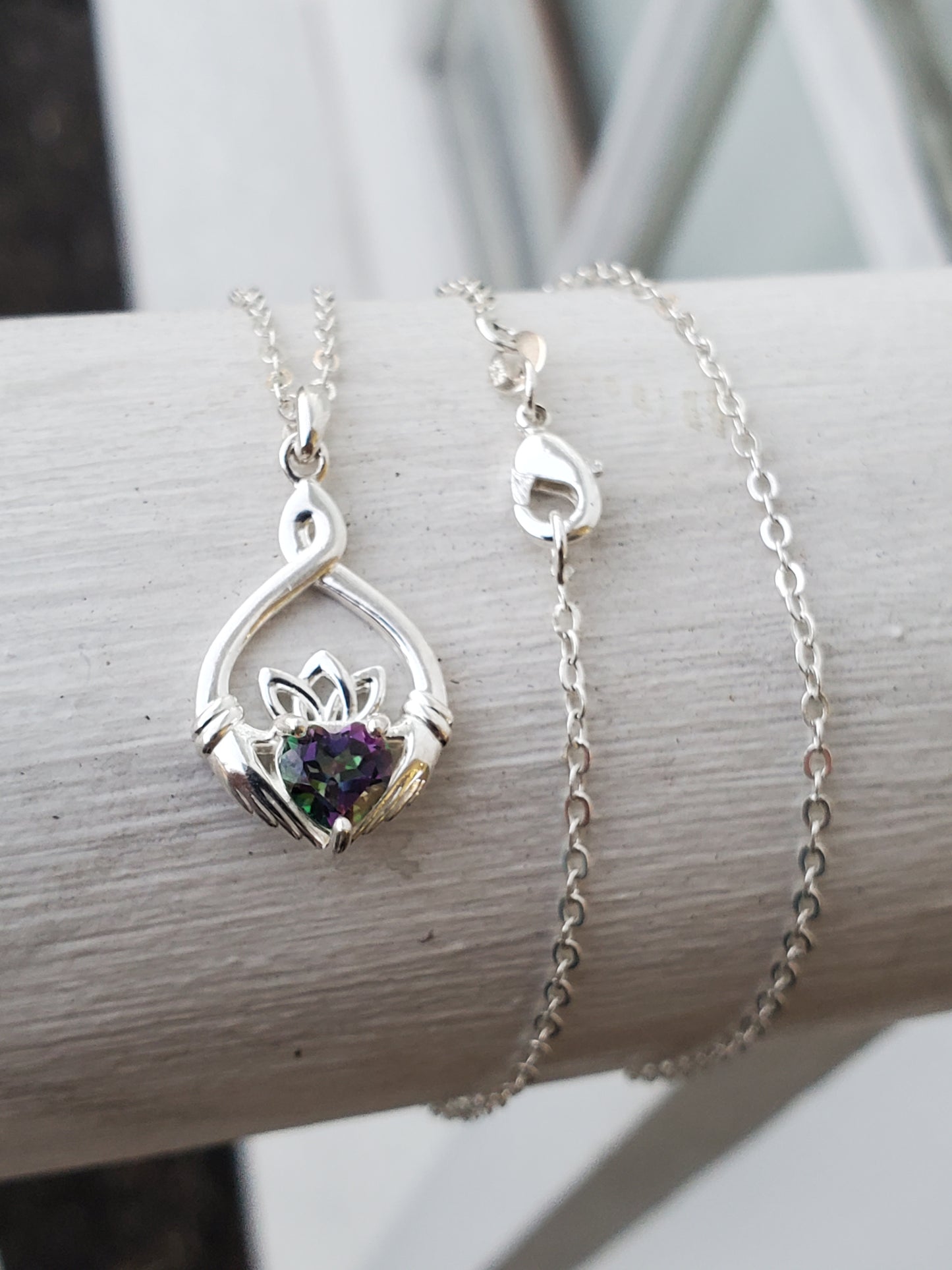 925 Sterling Silver Irish Claddagh Mystic Topaz Pendant Necklace