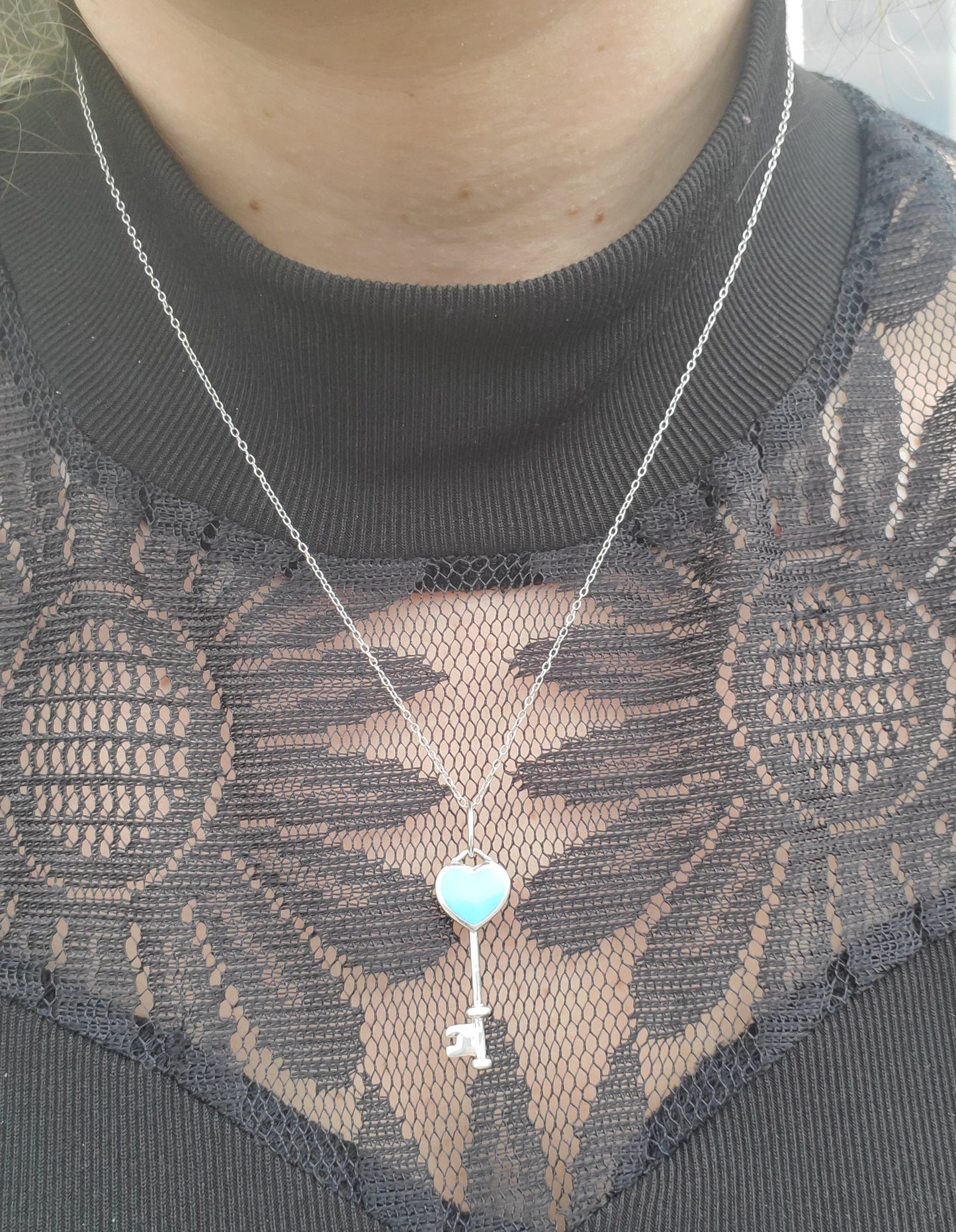 925 Sterling Silver Tiffany Blue Heart Skeleton Key Necklace