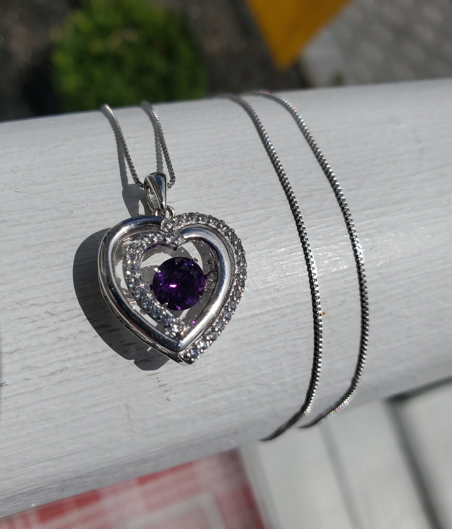 925 Sterling Silver Simulated Floating Amethyst & Zirconia Heart Necklace