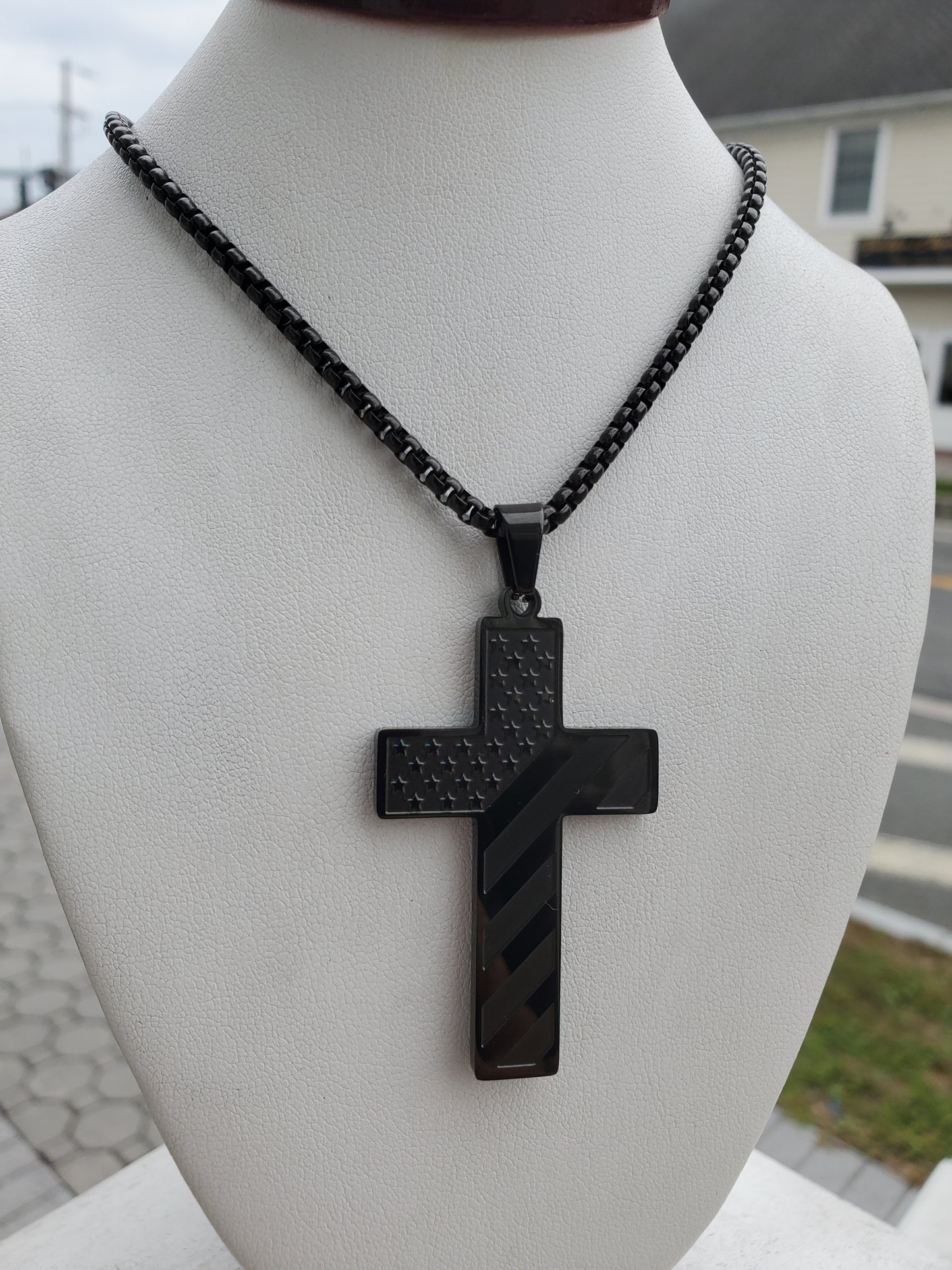 Stainless Steel Black Proud American Flag Cross Joshua 1:9 Necklace Pendant