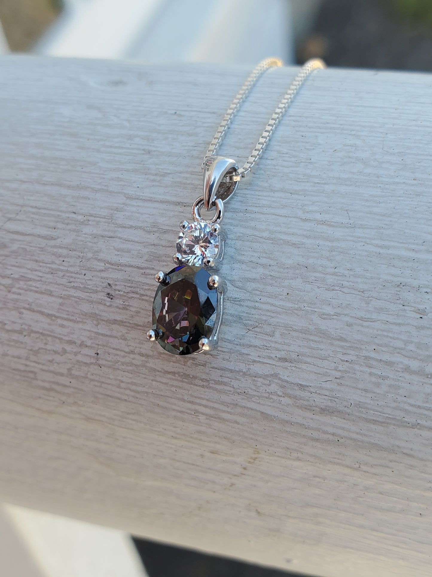 925 Sterling Silver 1.00ct Dark Oval Mystic Topaz & Zirconia Necklace