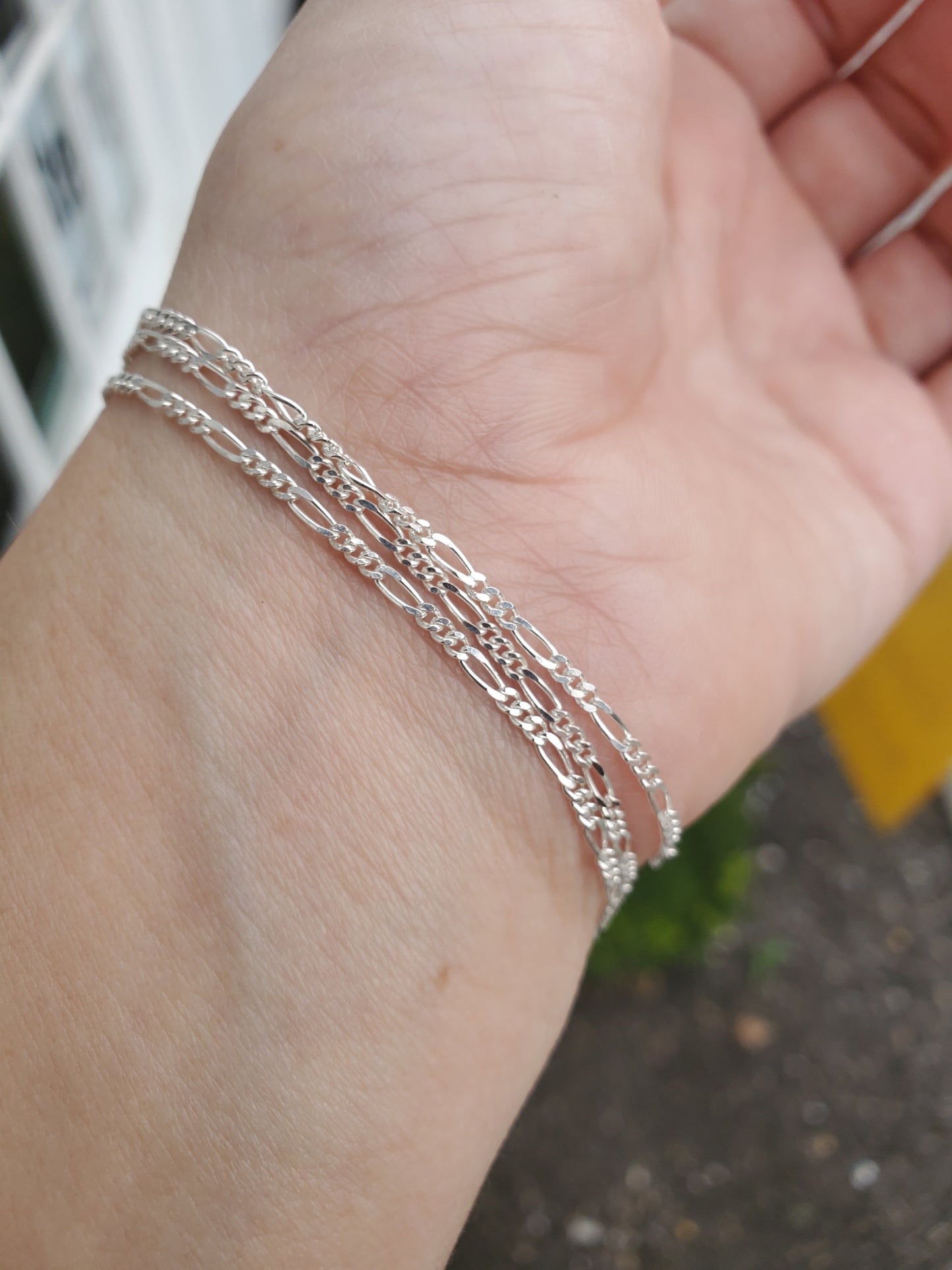 925 Sterling Silver Antique Art Deco White Topaz Triple Strand Figaro Link Bracelet