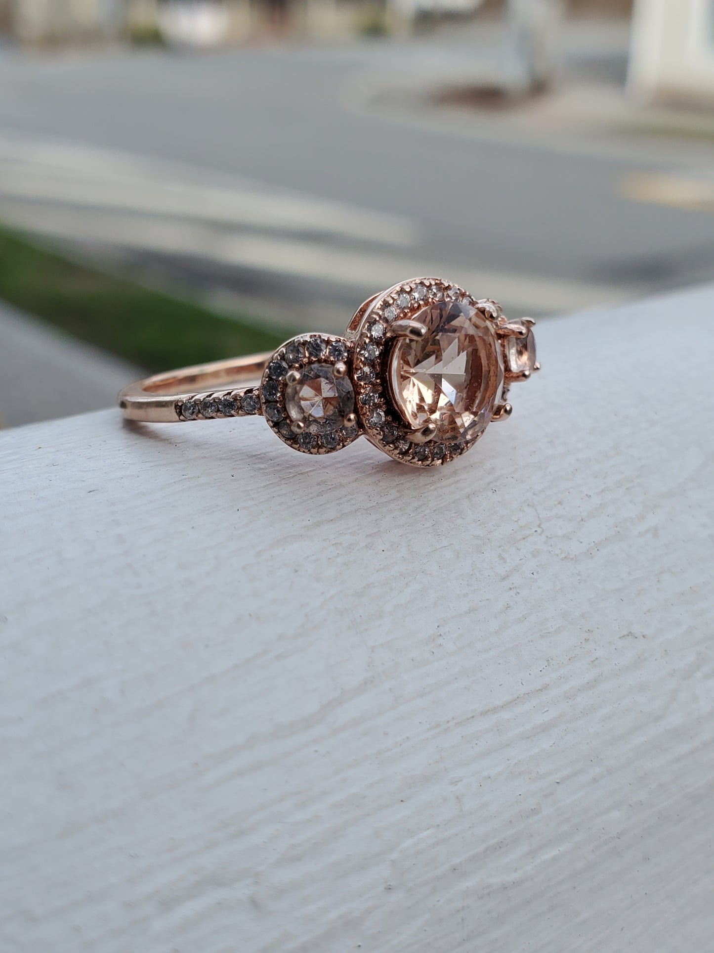 926 Sterling Silver Rose Vermeil Morganite & Zirconia Past Present Future Design Ring