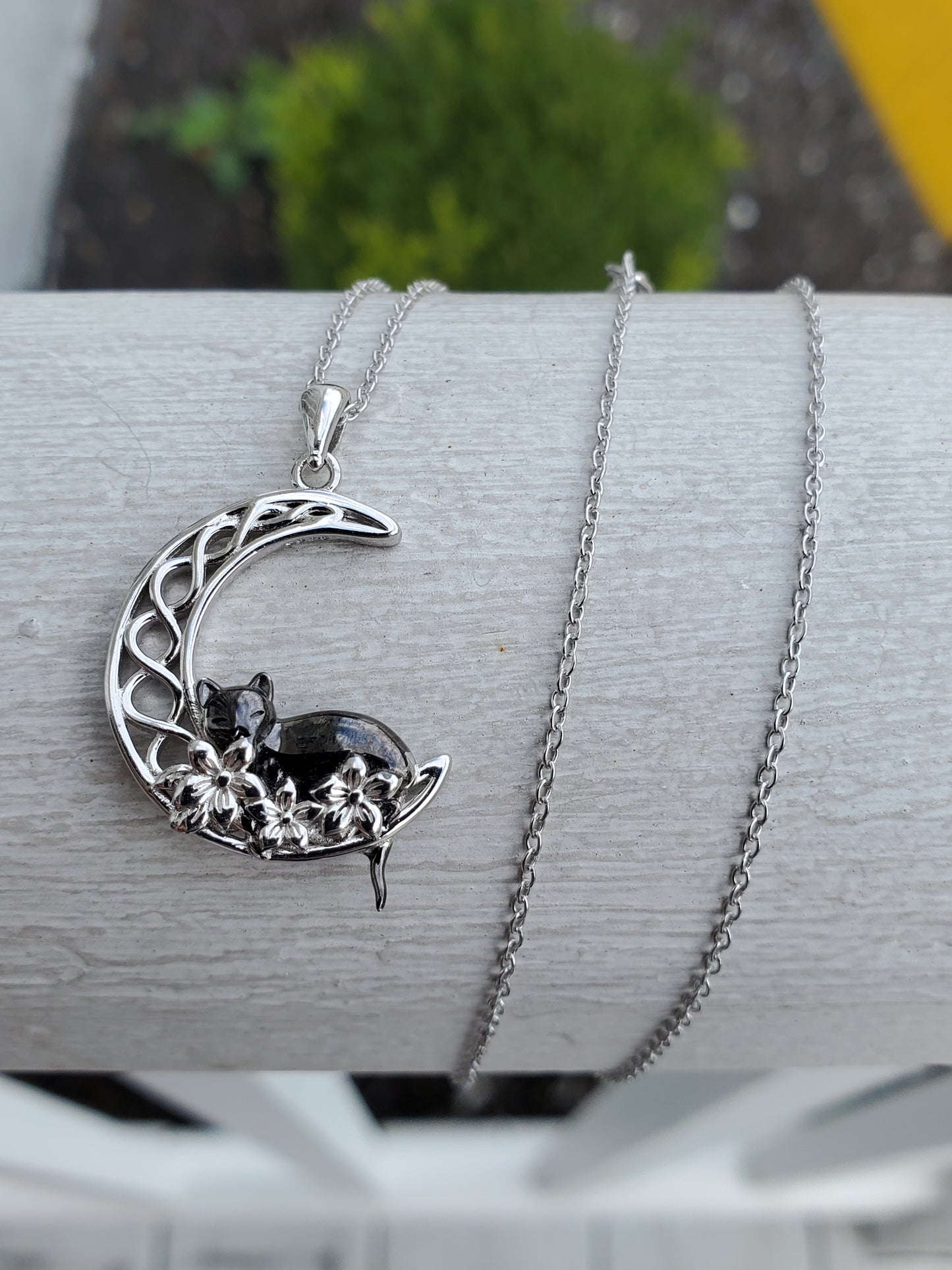925 Sterling Silver Black Cat on Infinite Crescent Moon Necklace