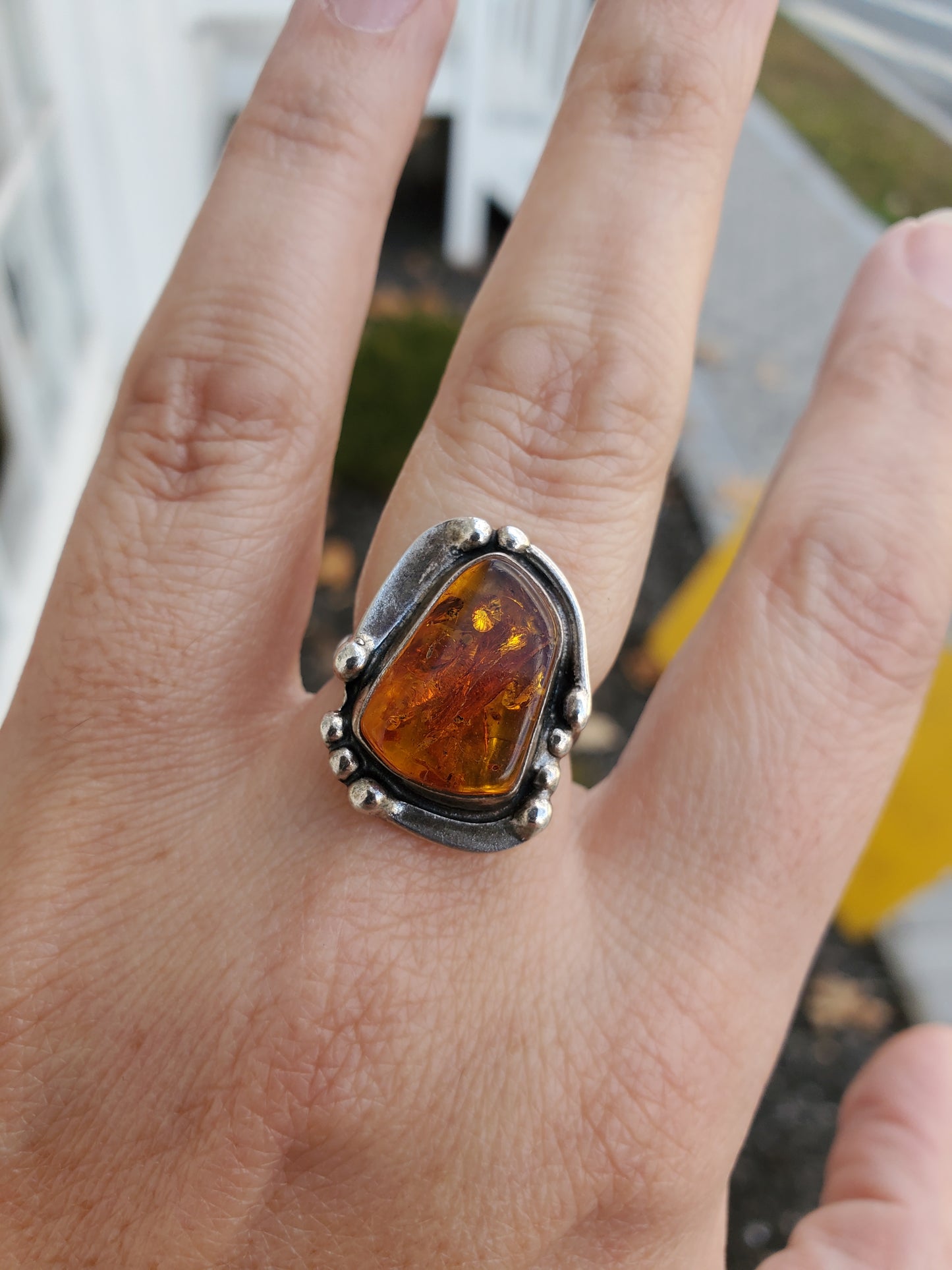 925 Sterling Silver Designer Stan Davidson Natural Amber Beaded Ring