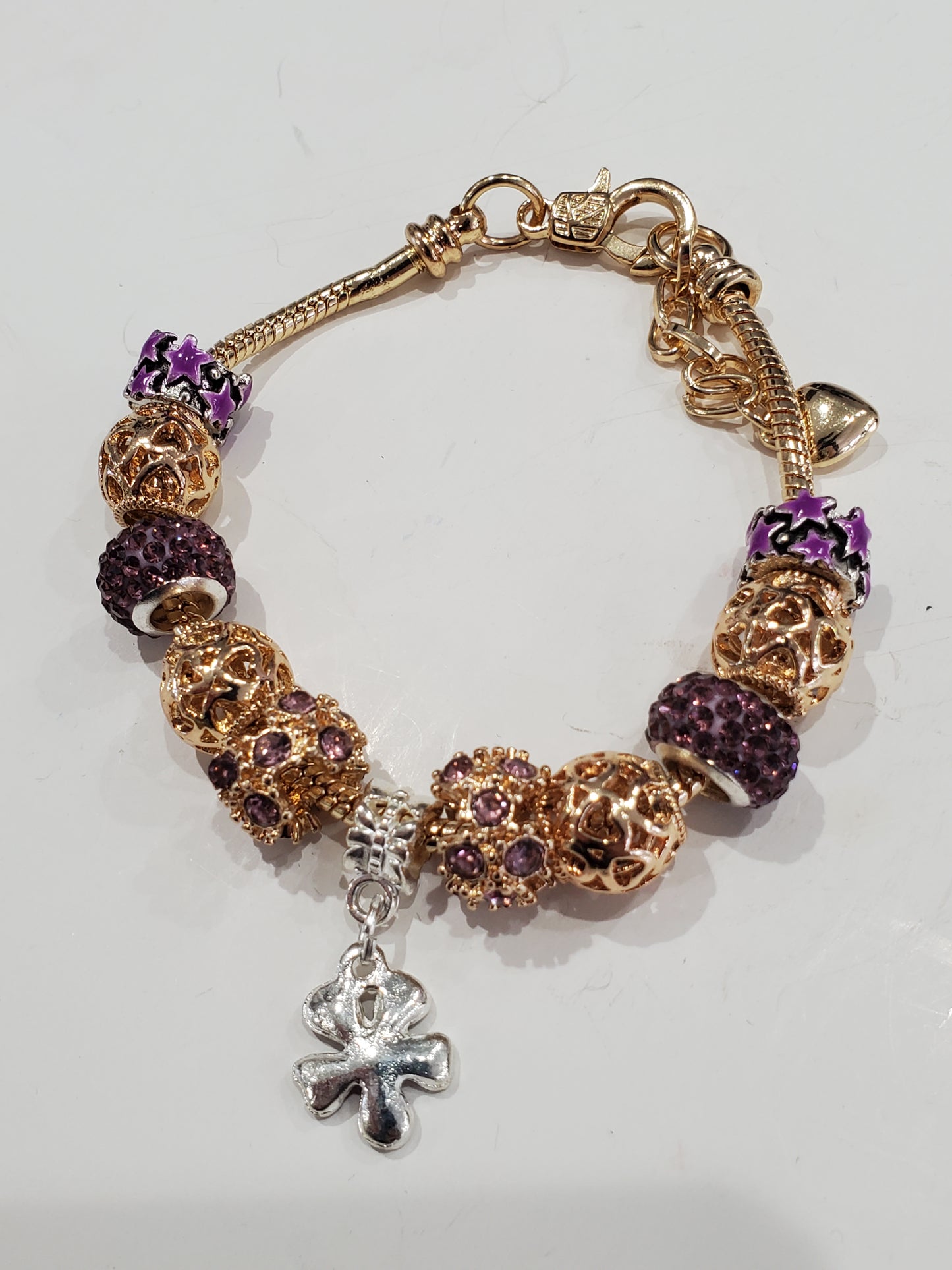 Gold Plated Purple Enamel European Beaded Charm Bracelet