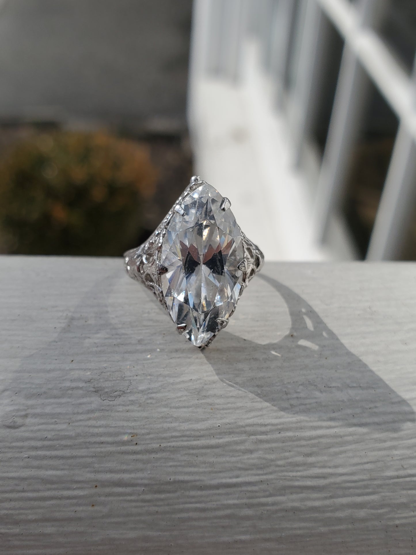 14k Solid White Gold Vinatge Art Deco 5ct Marquise Zirconia CZ Ring