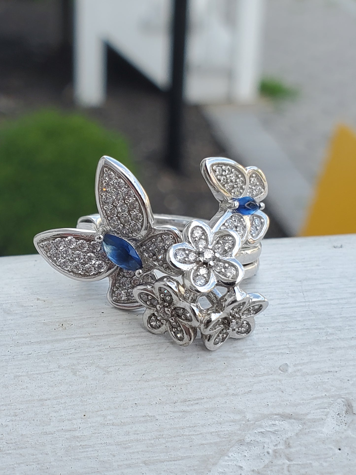925 Sterling Silver Butterfly Bouquet 💐 Lab-Created Sapphire & Zirconia double finger ring