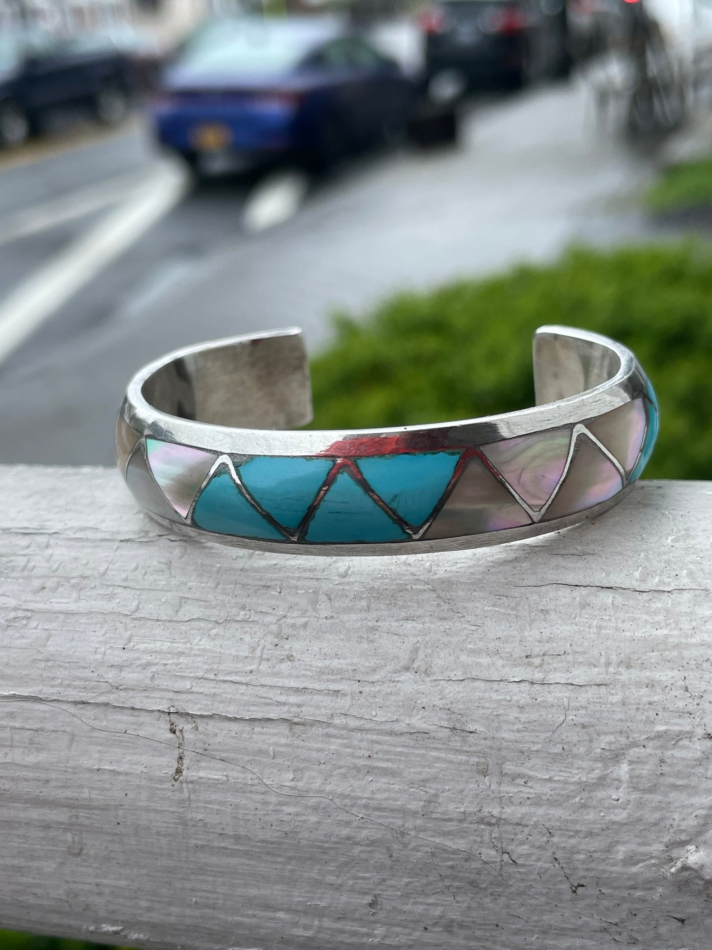 Lorrie Kallestewa 925 Silver Turquoise & Mother of Pearl cuff bracelet