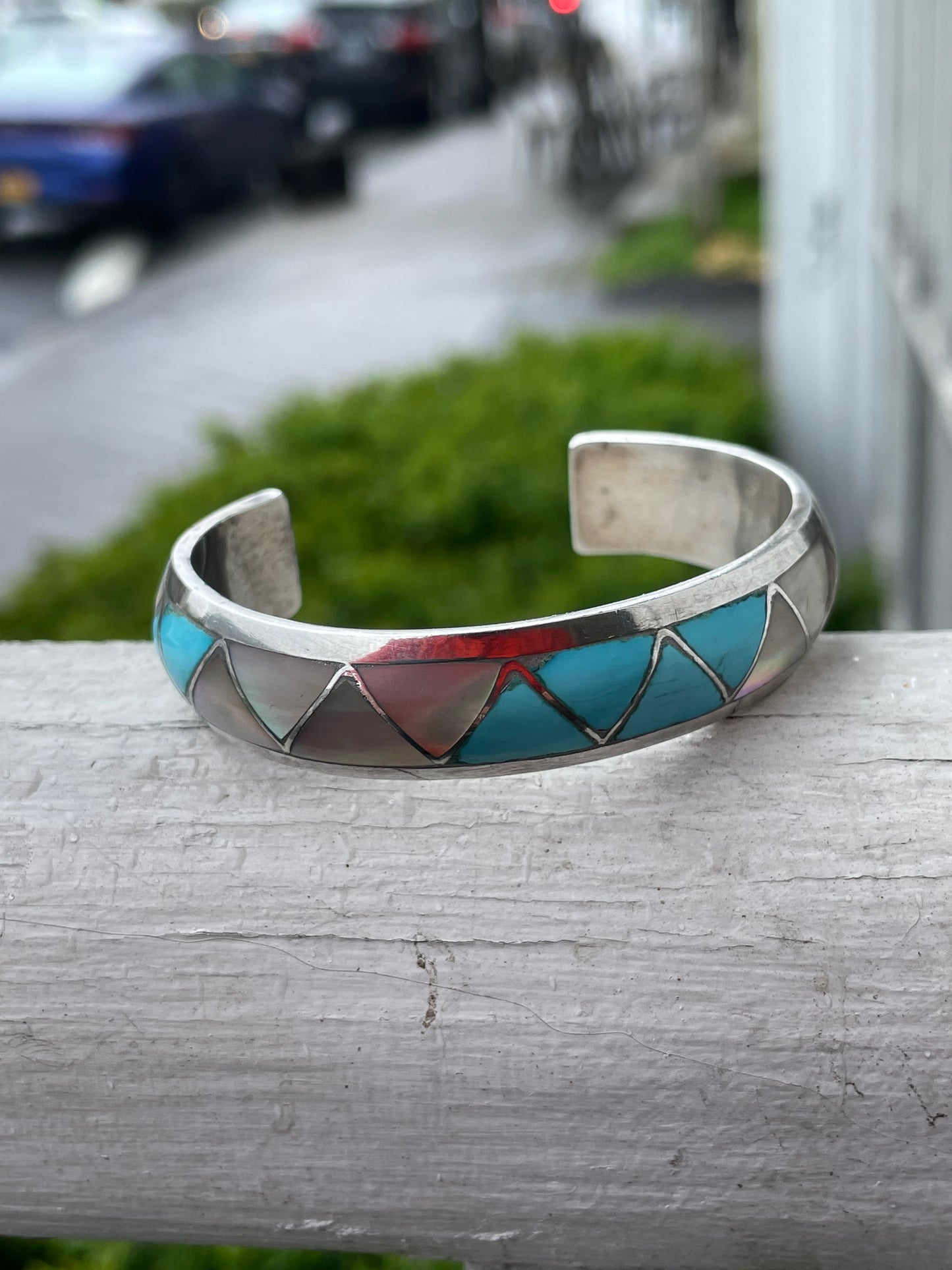 Lorrie Kallestewa 925 Silver Turquoise & Mother of Pearl cuff bracelet
