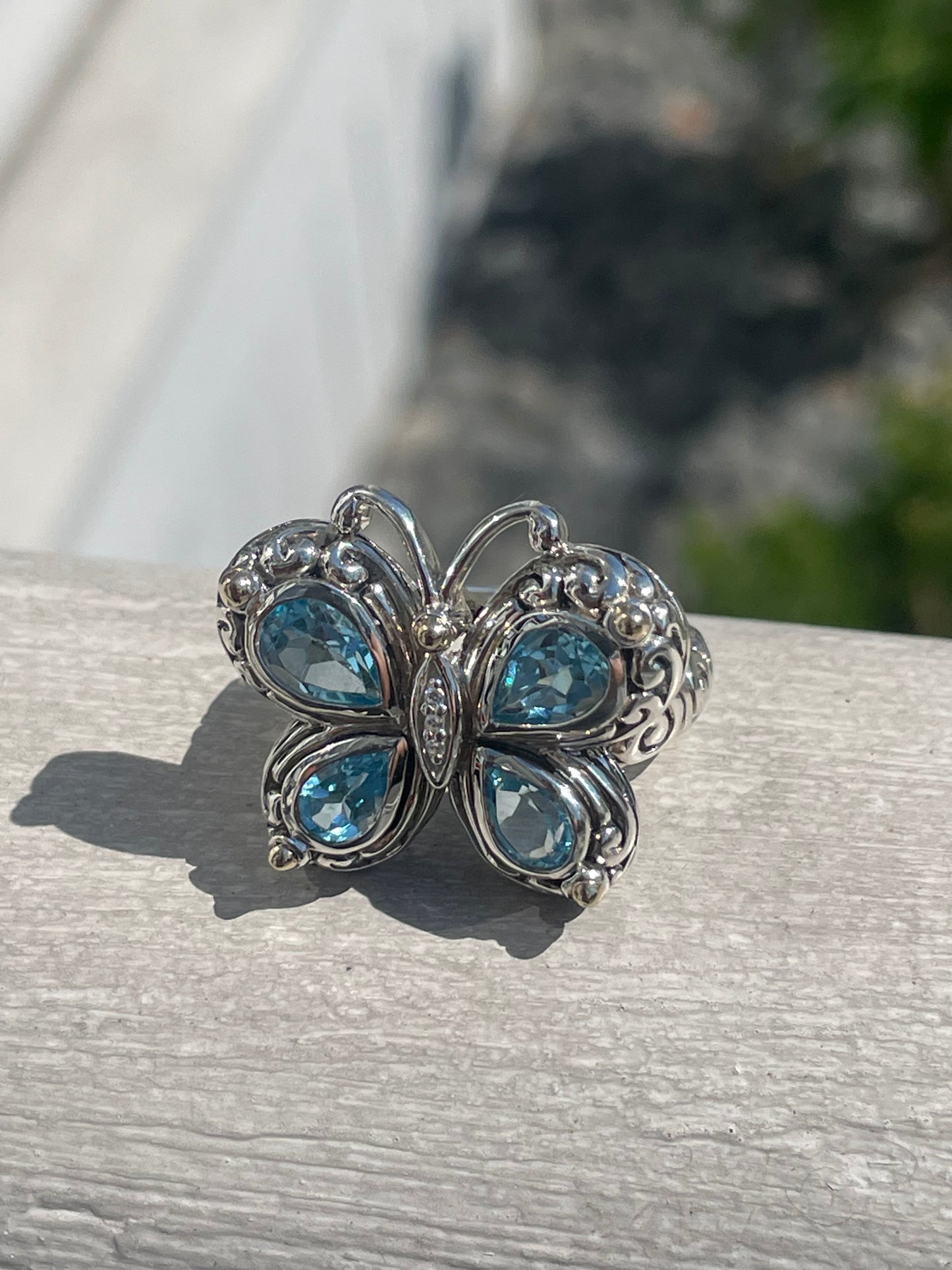 Designer ATR 925 Sterling Silver & 14k Gold Blue Topaz Butterfly Ring Size 9