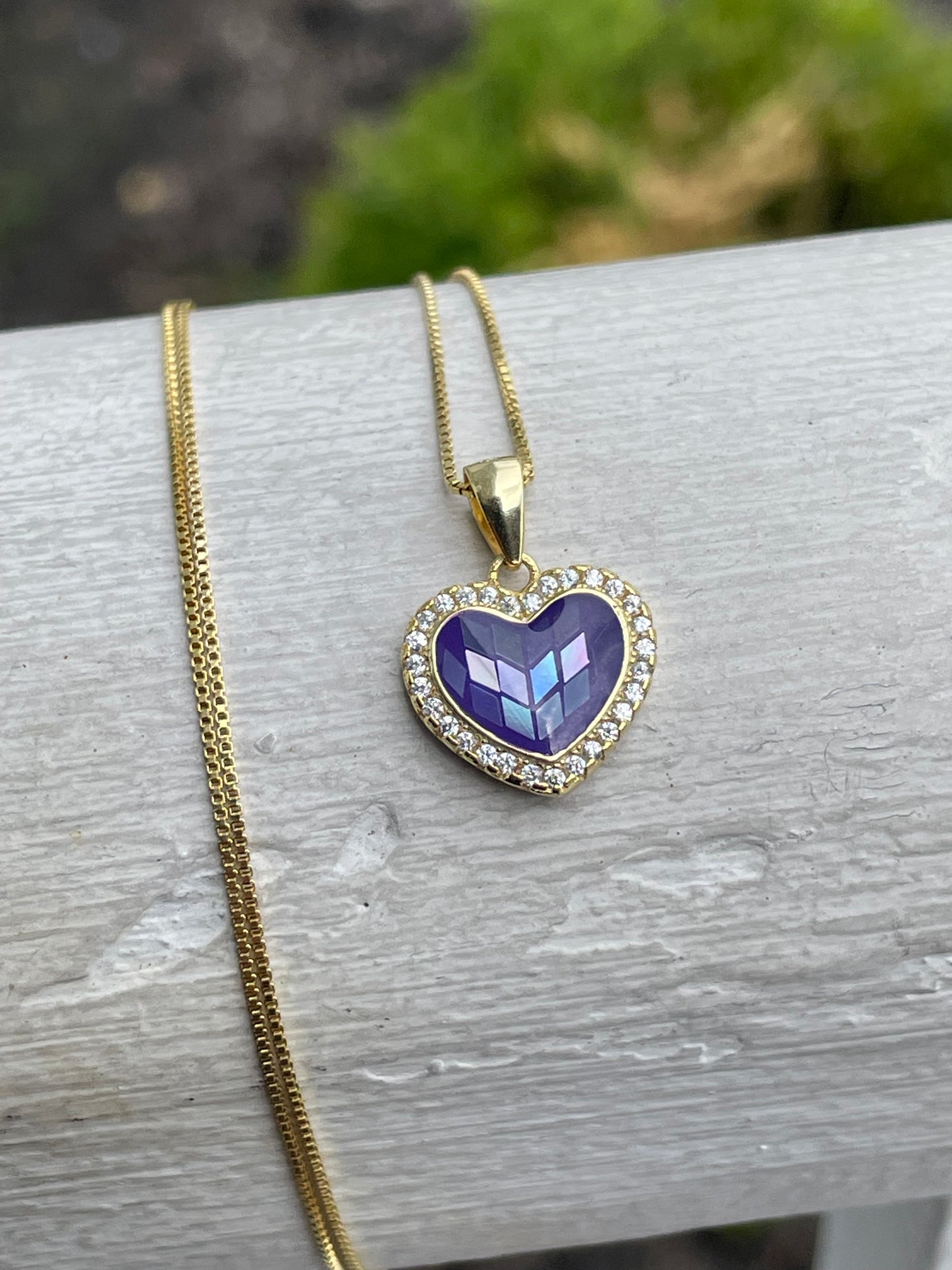 925 Sterling Silver Vermeil Purple Mosaic Mother of Pearl Heart Necklace 16”-18”