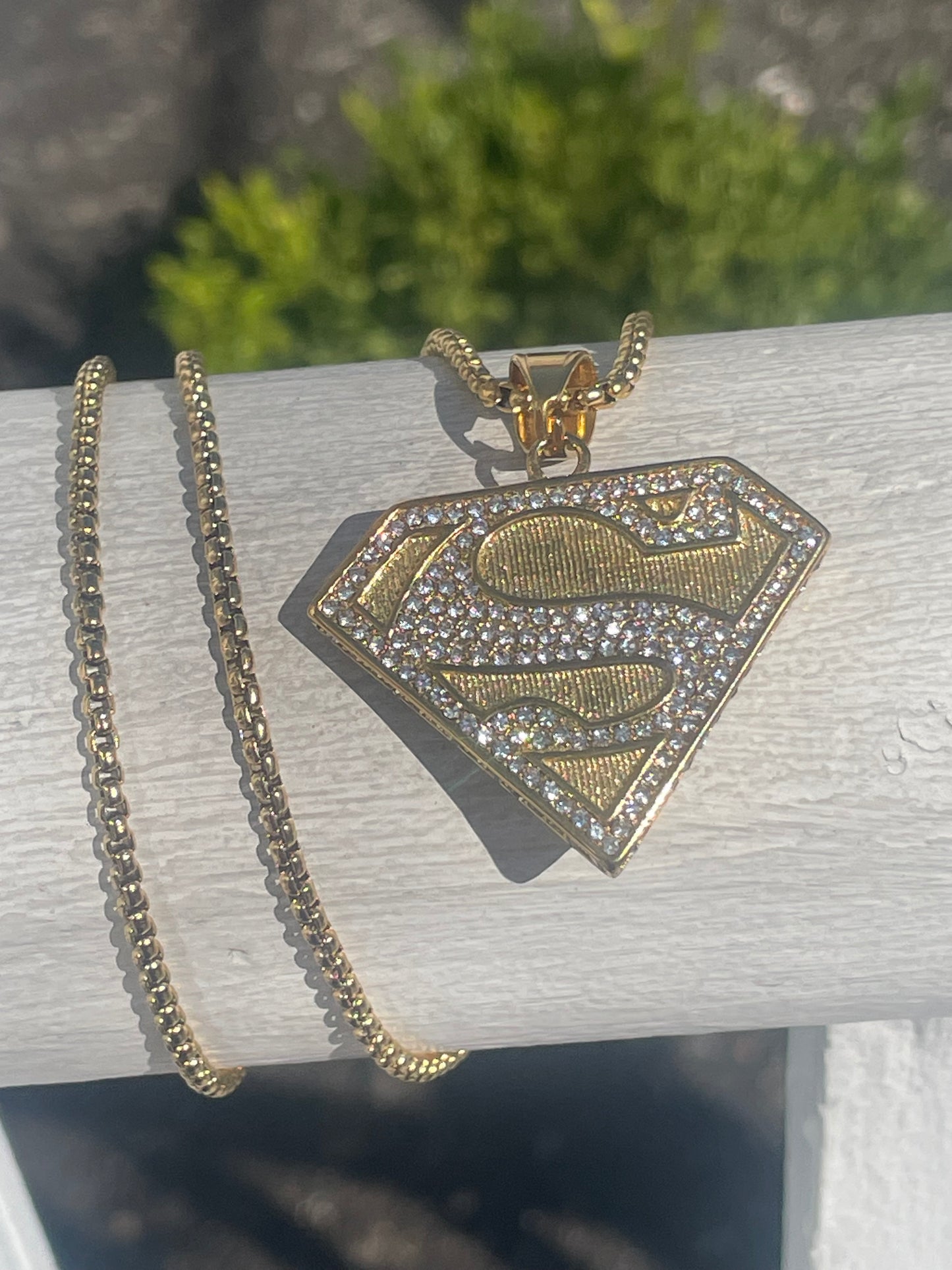 Stainless Steel Gold Color Sparkling Superman Logo Necklace