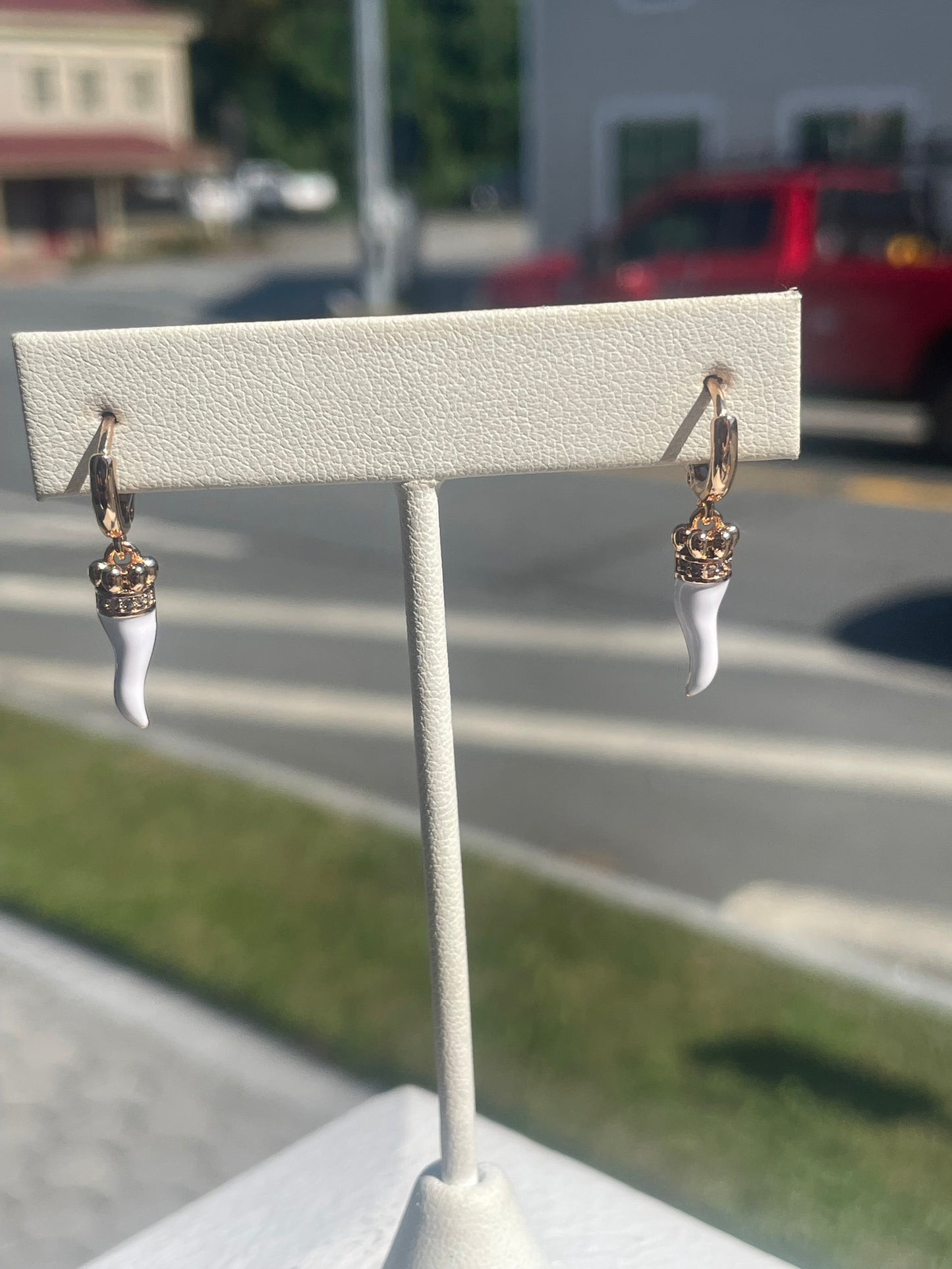 Stainless steel gold plated White enamel Italian horn dangle earrings