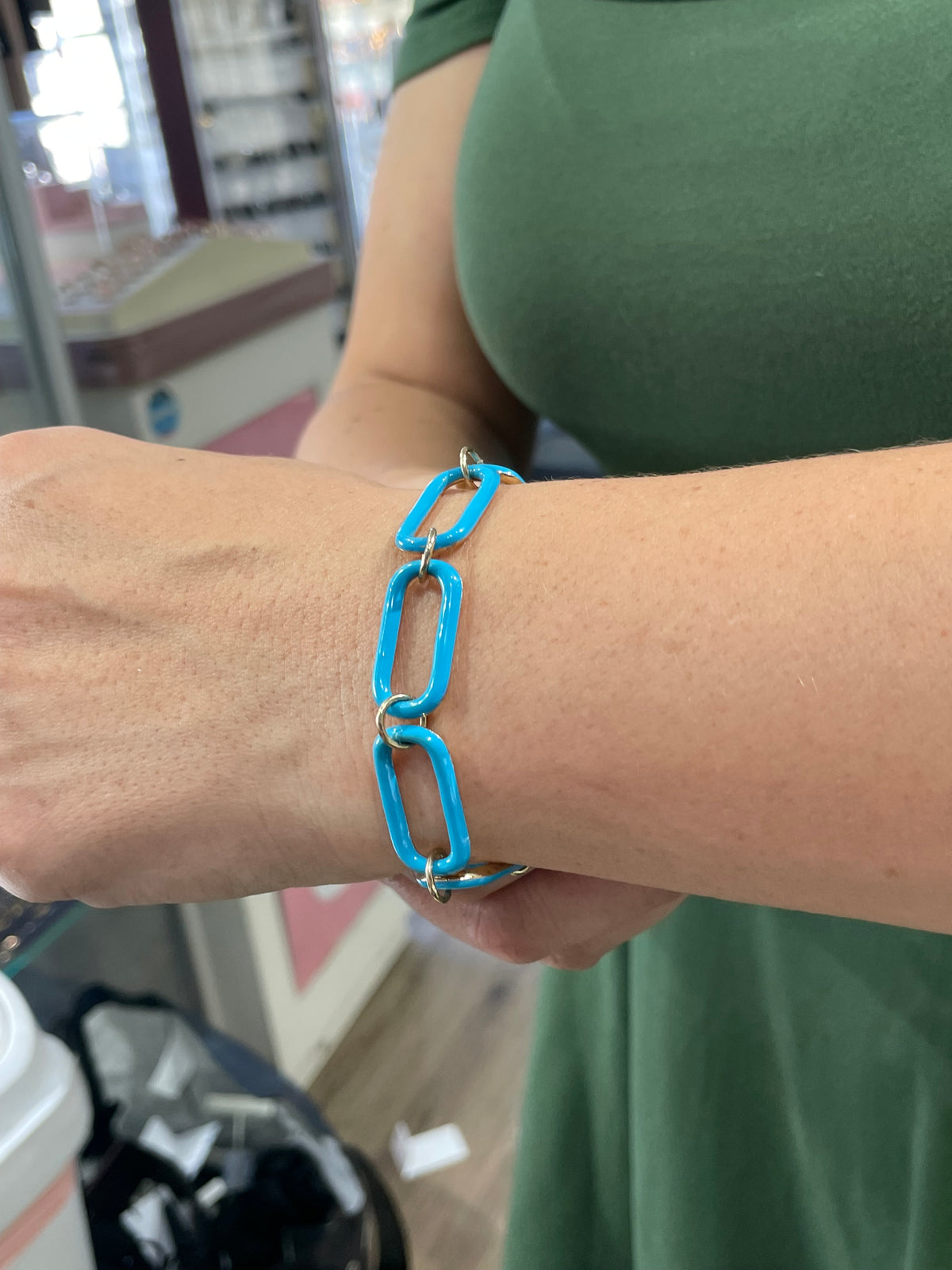 925 Sterling Silver Vermeil Large Teal Enamel Paperclip Link Reversible Bracelet