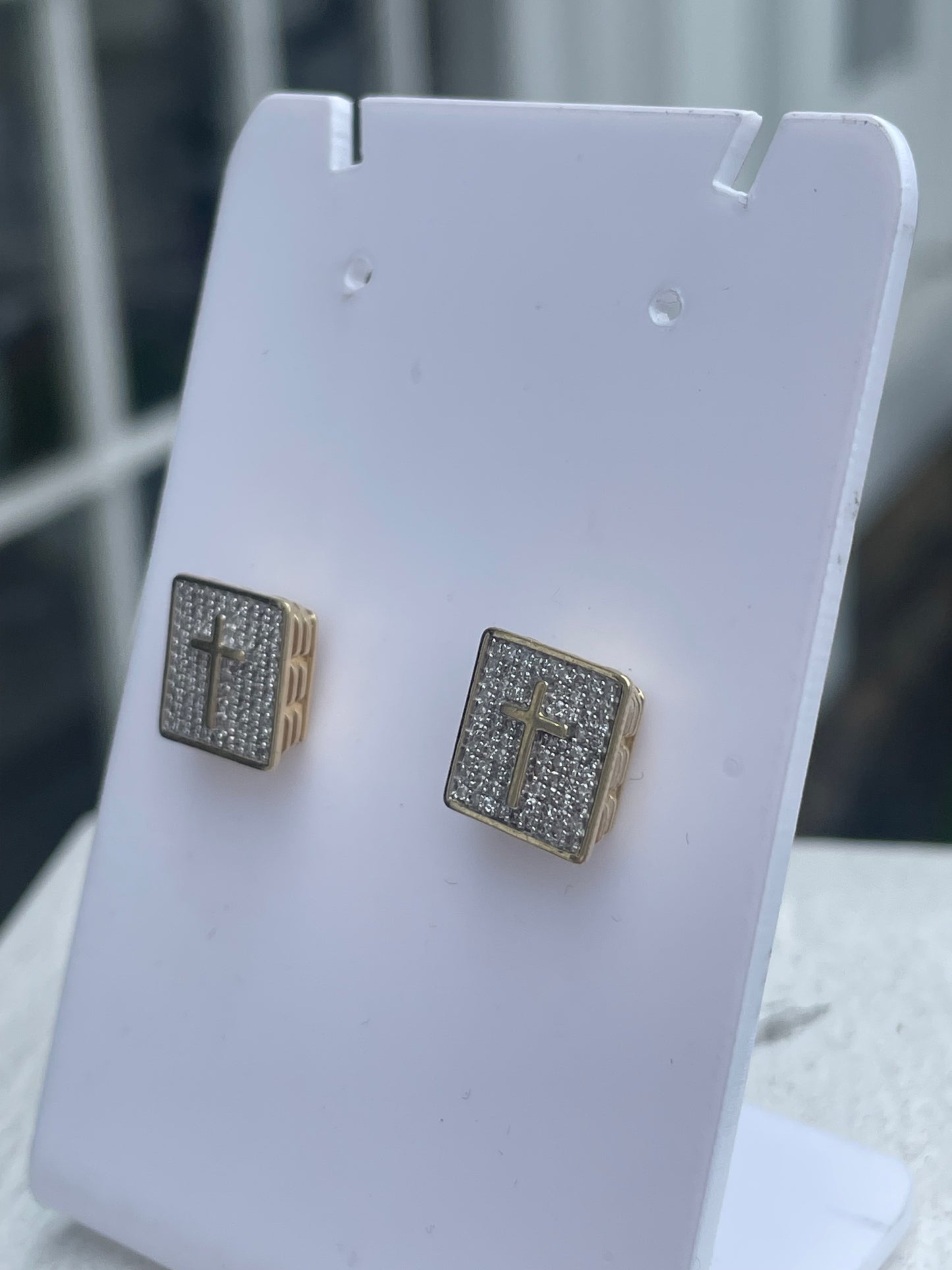 10k Gold Natural Diamond Square Shape Cross Stud Earrings