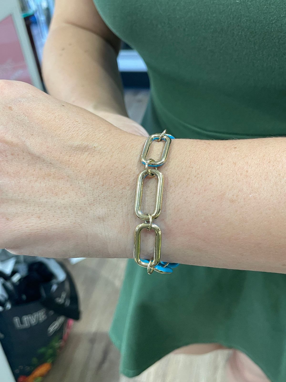 925 Sterling Silver Vermeil Large Teal Enamel Paperclip Link Reversible Bracelet