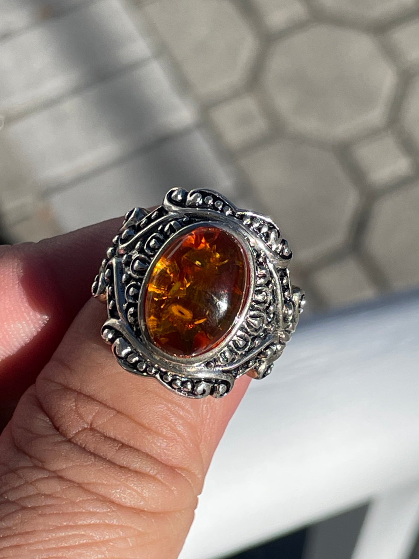 925 Sterling Silver Simulated Oval Amber Empire Setting Ring Size 8