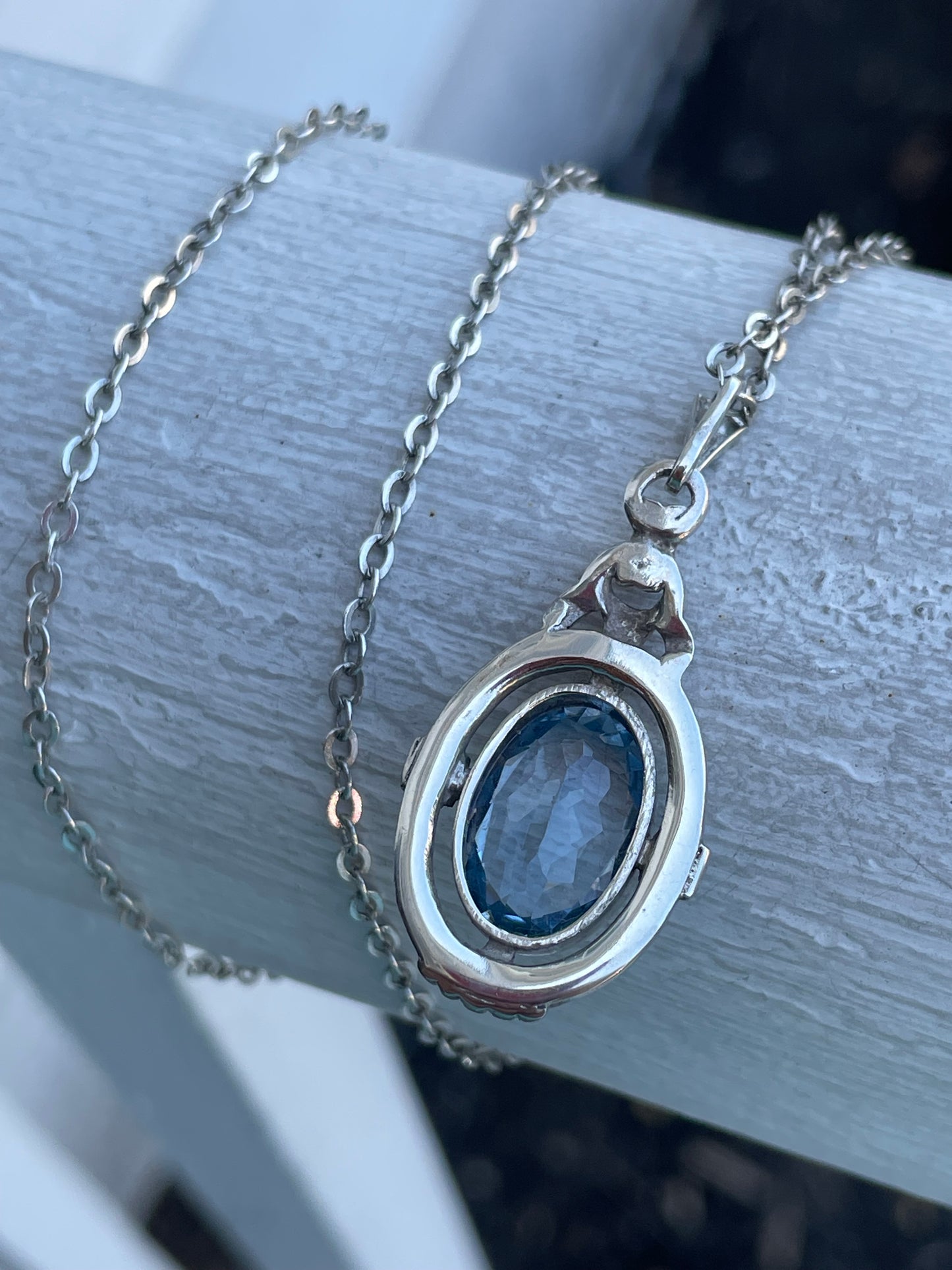 925 Sterling Silver Vintage Sky Blue Topaz Necklace w/ 24” Chain