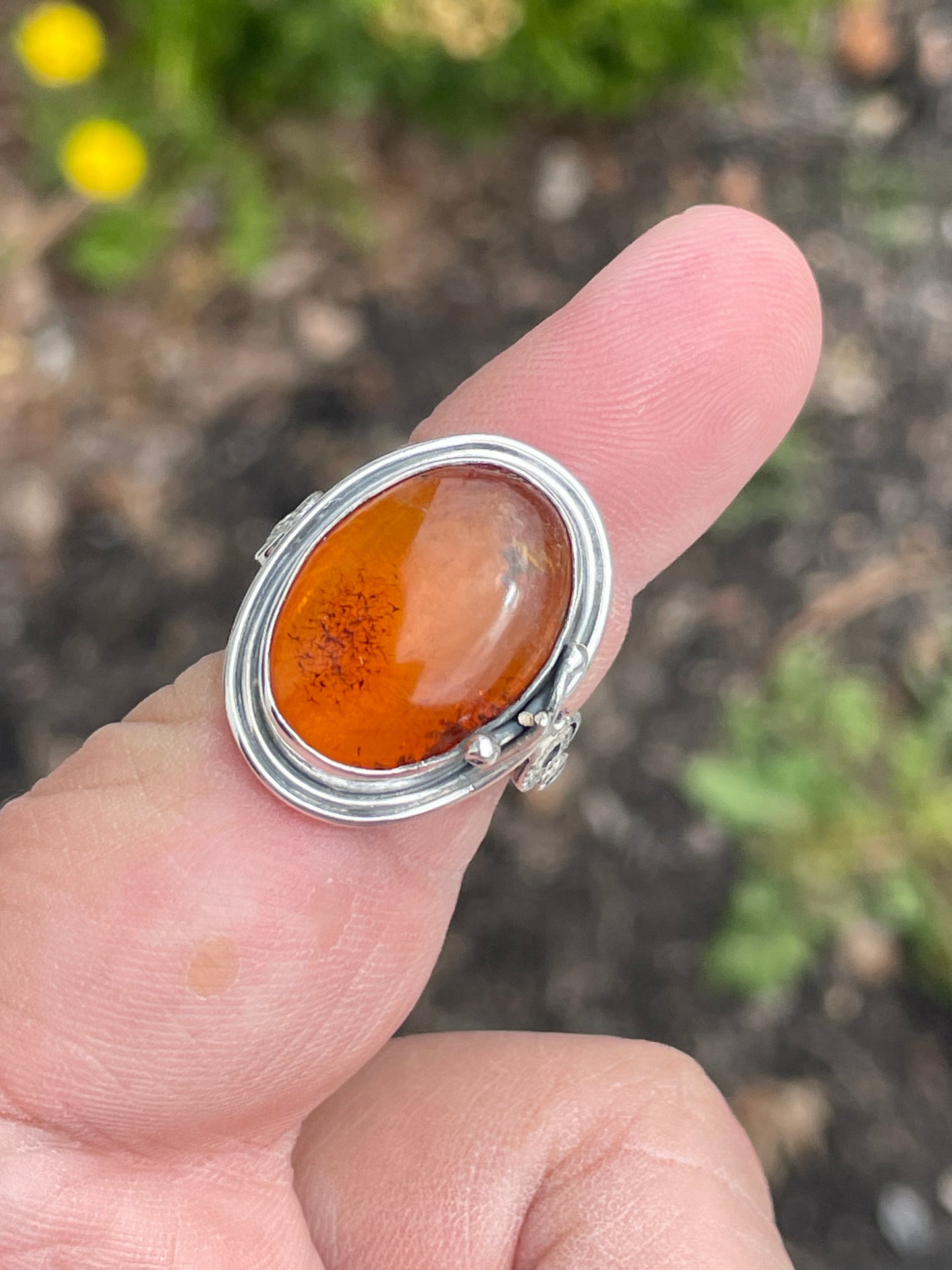 925 Sterling Silver Vintage Natural Amber Large Stone Ring Size 7 (U14)
