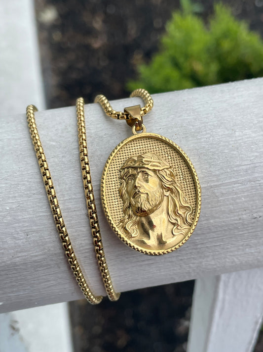 Stainless Steel Vermeil Oval Jesus Portrait Necklace 23”