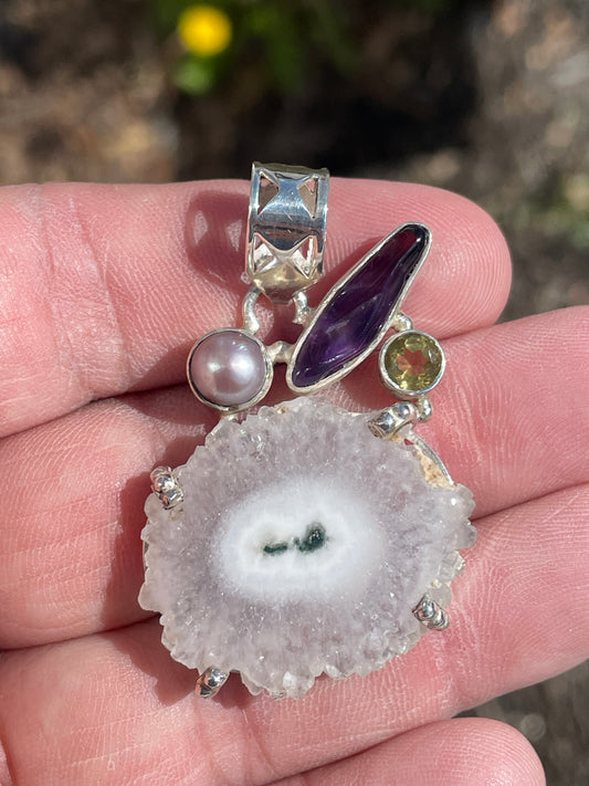 Handmade 925 Sterling Silver Stalactite, Pearl, Amethyst & Citrine Pendant (U36)