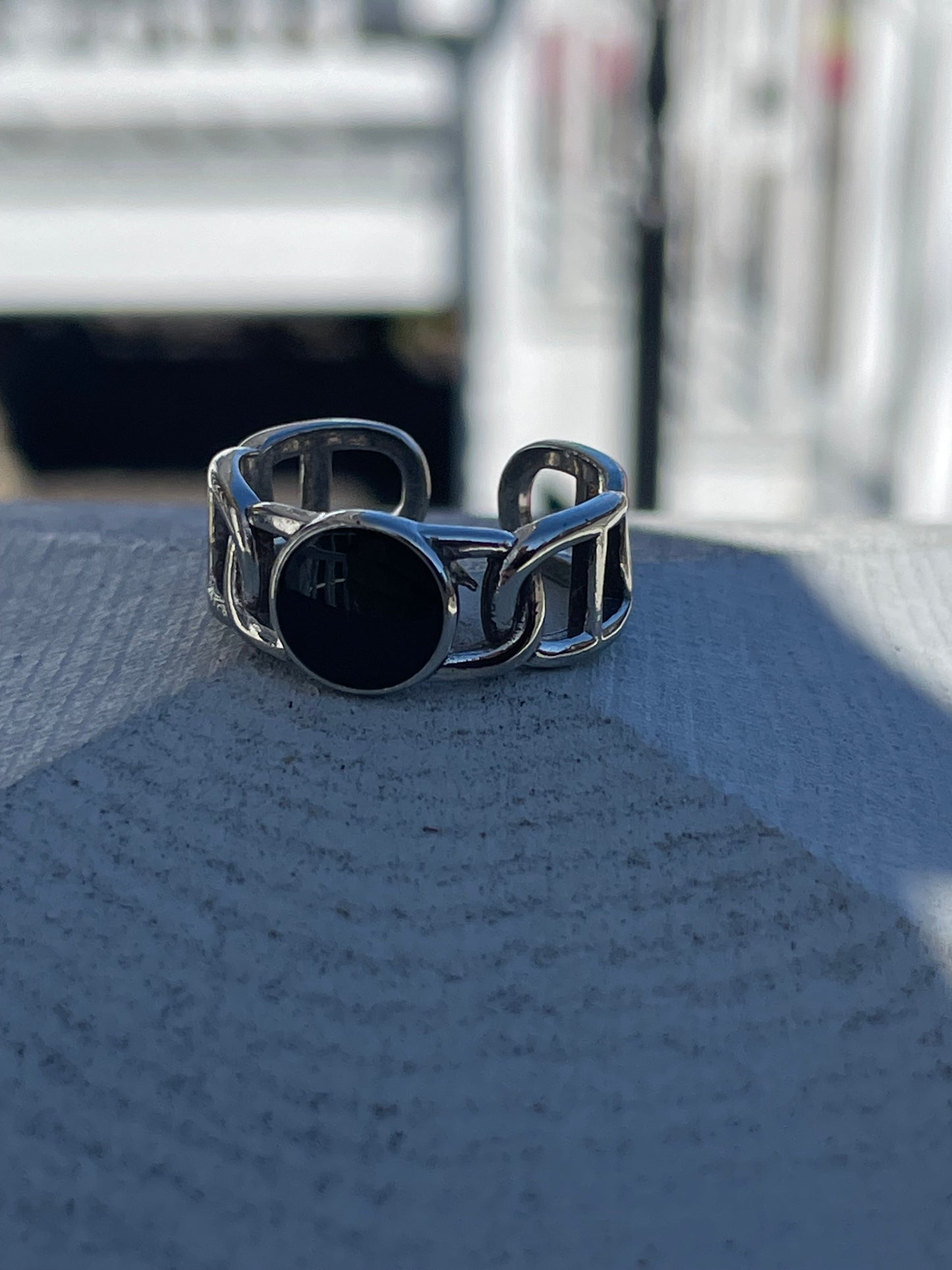 925 Sterling Silver Open Size Gucci Link Signet Black Onyx Ring