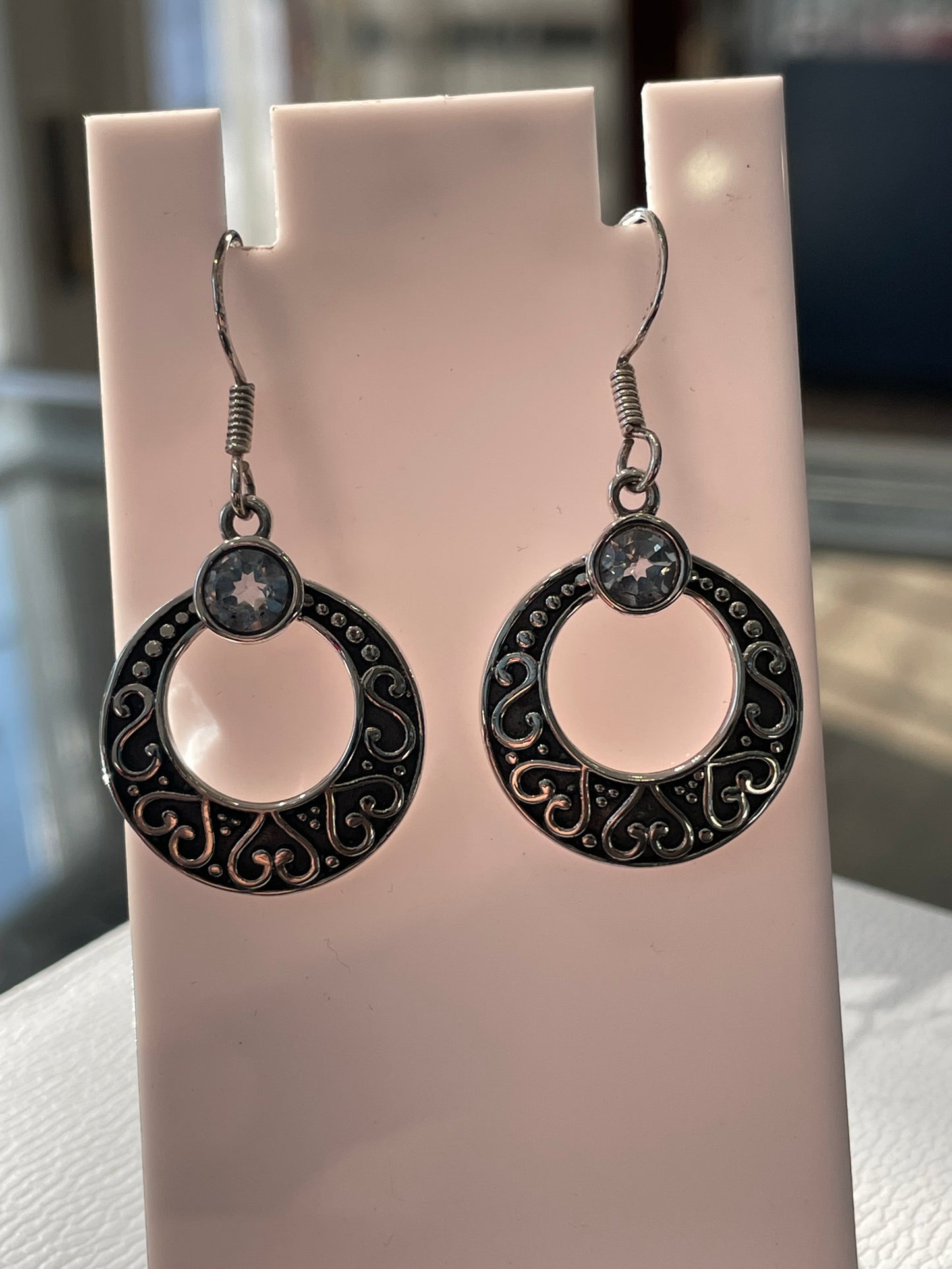 925 Sterling Silver Blue Topaz Bali Style Dangle Earrings