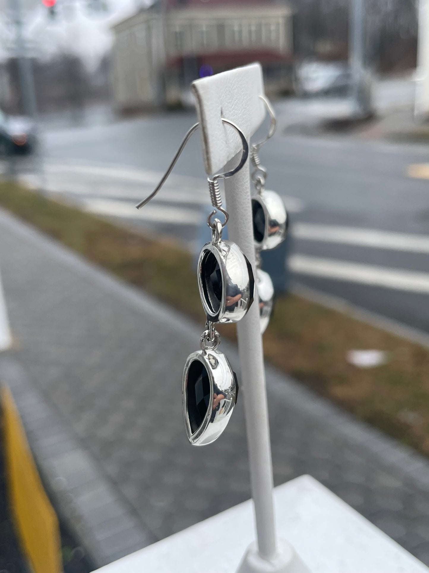 925 Sterling Silver Large Stone Black Spinel Dangle Earrings