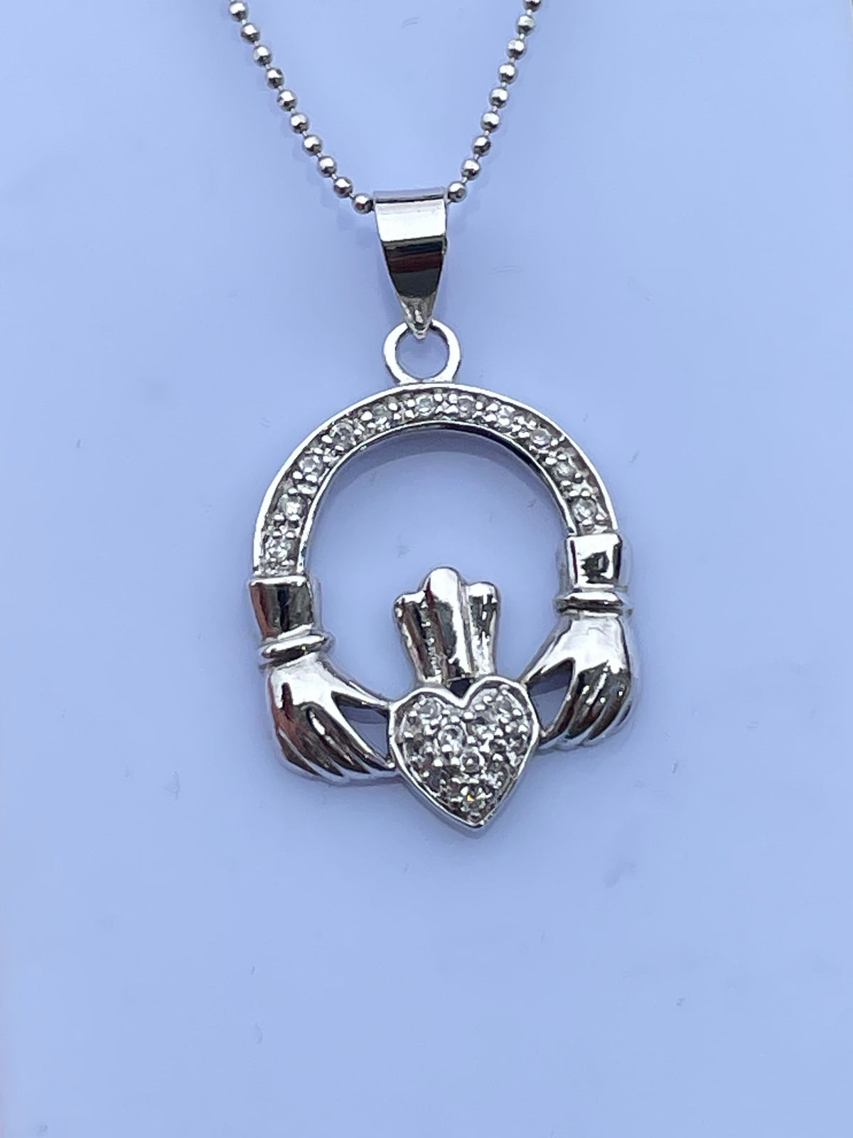 925 Sterling Silver Diamond Irish Claddagh Necklace 18”