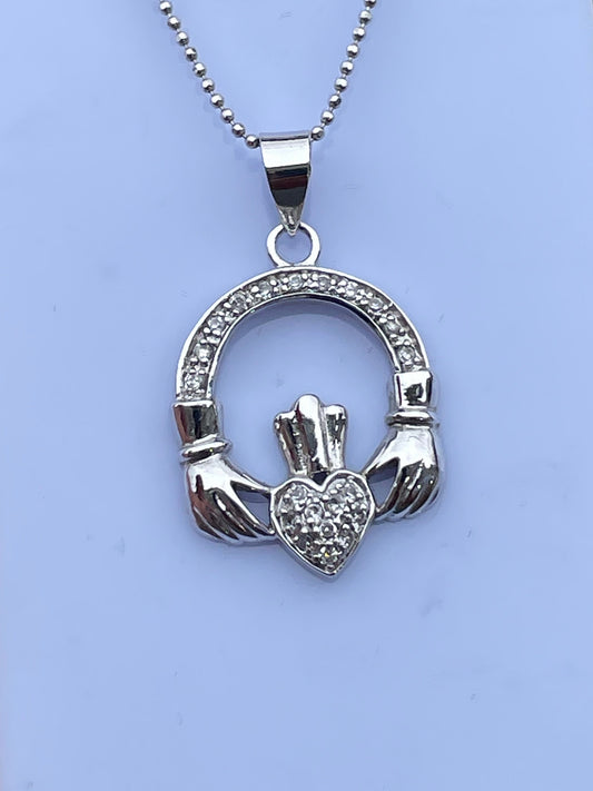 925 Sterling Silver Diamond Irish Claddagh Necklace 18”