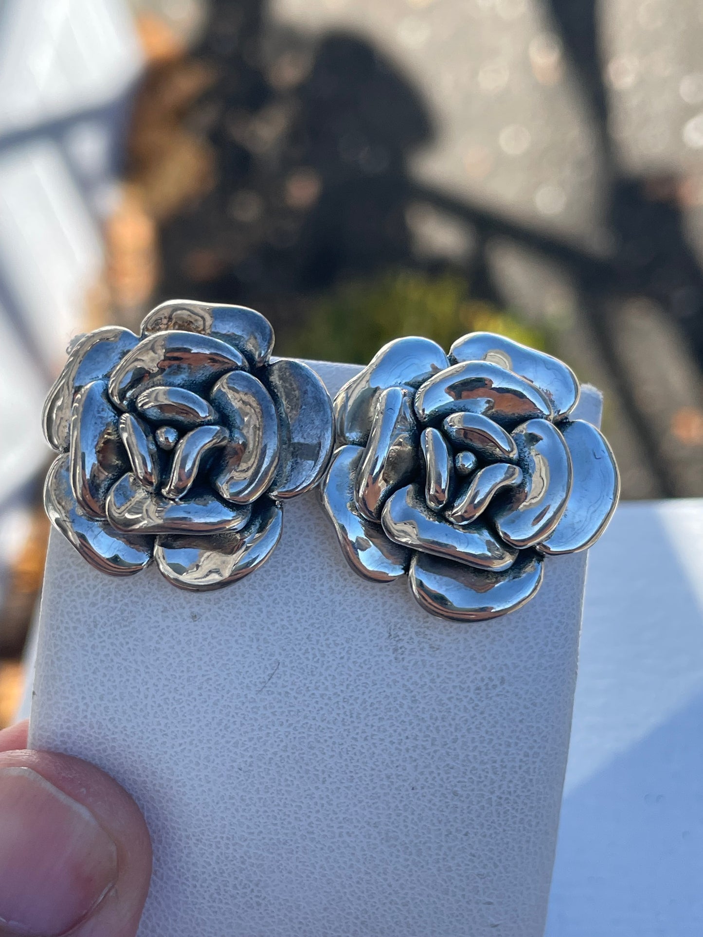 925 Sterling Silver Puffy Rose Flower Earrings