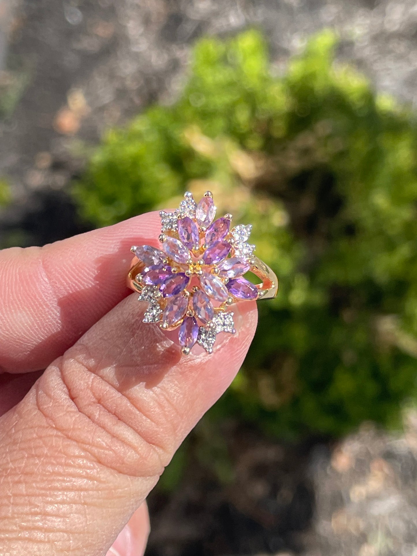 925 Sterling Silver Natural Amethyst & Diamond Cluster Ring Size 7