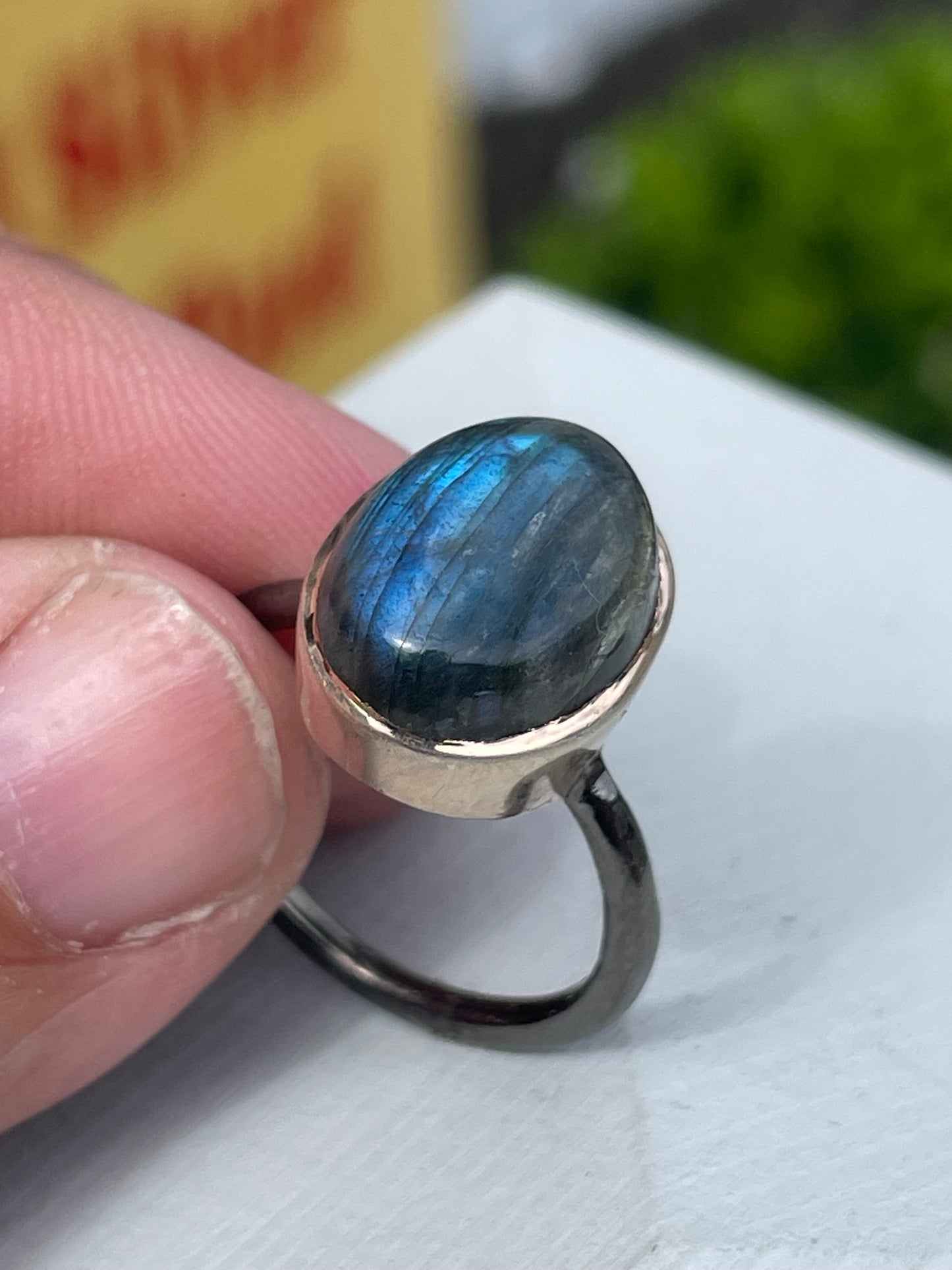 925 Sterling Silver 2tone Oxidized & Rose Vermeil Labradorite Ring