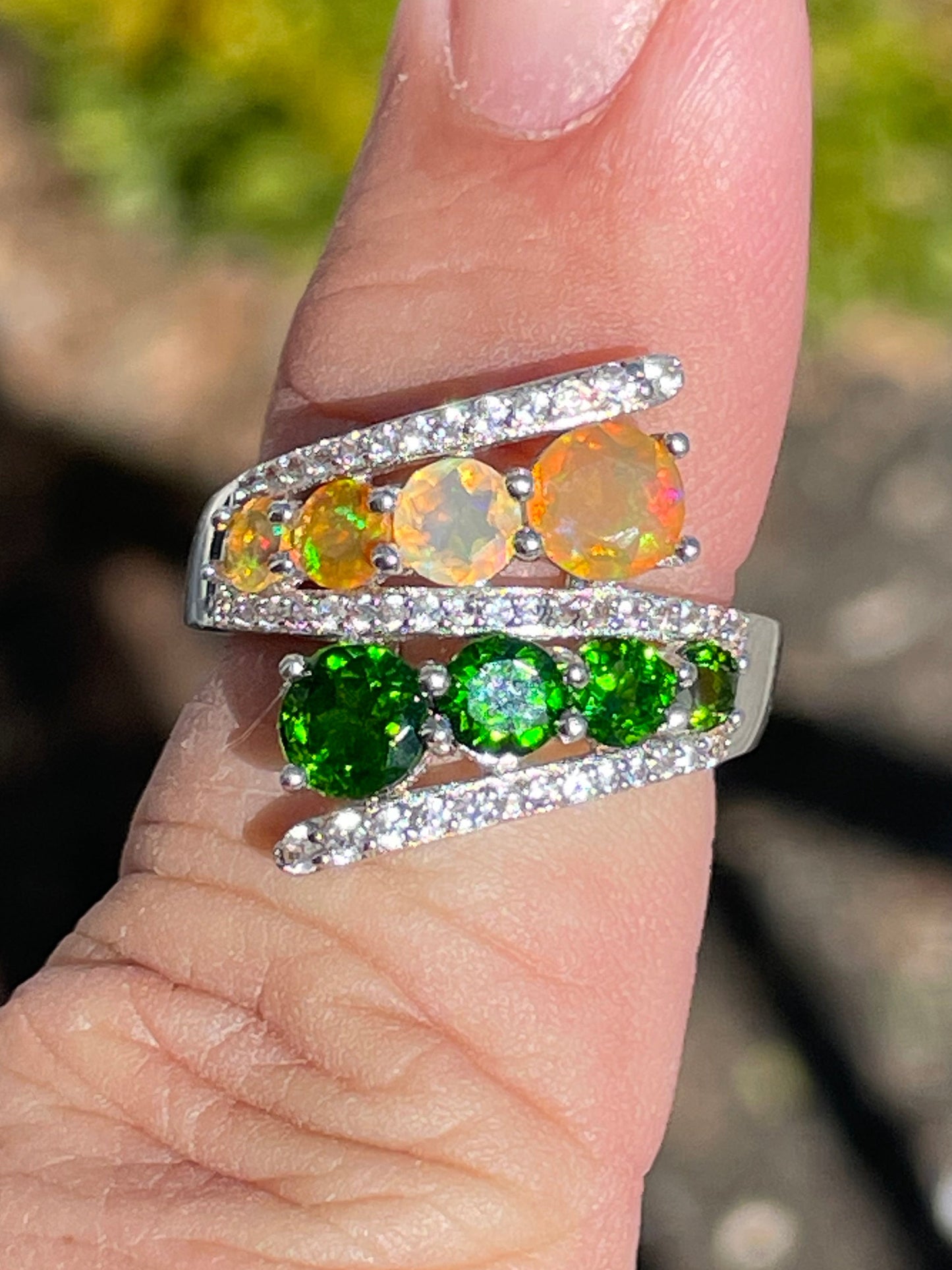 925 Sterling Silver Chrome Diopside & Ethiopian Opal Bypass Ring Size 6