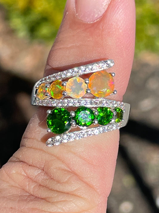 925 Sterling Silver Chrome Diopside & Ethiopian Opal Bypass Ring Size 6