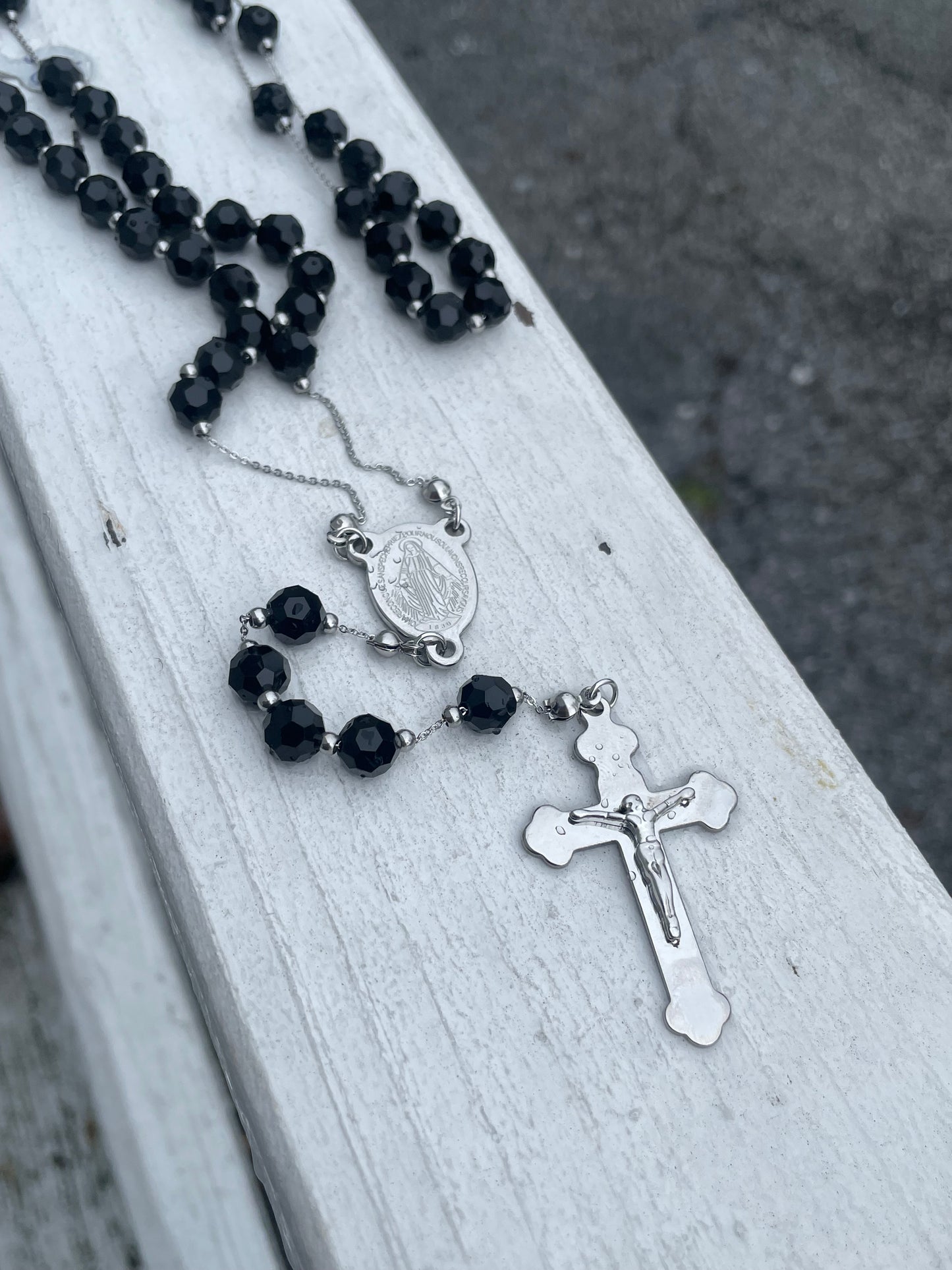 Stainless Steel Black Crystal Beaded 30” Rosary Necklace