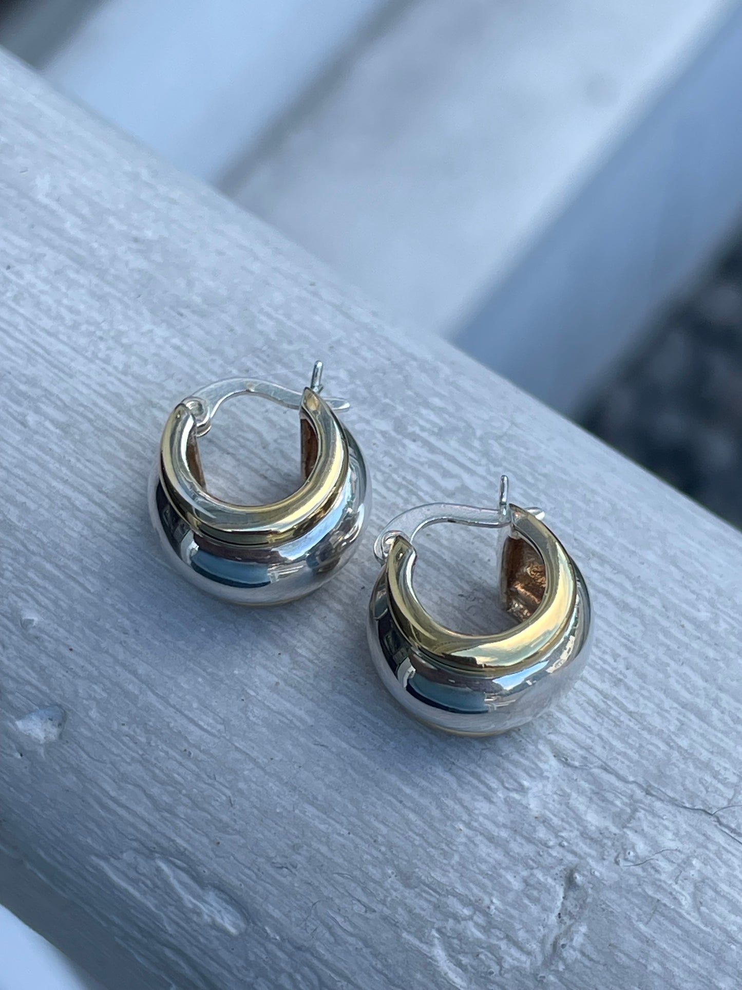925 Sterling Silver 2tone Vermeil Thick Huggie Hoop Earrings