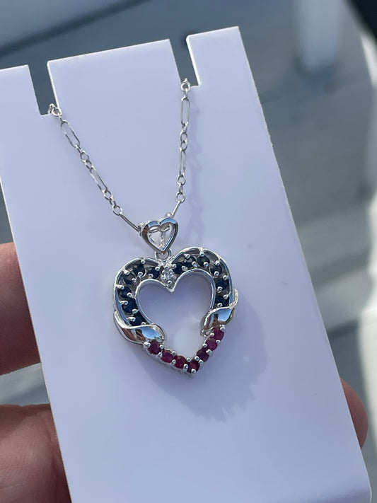 14k White Gold Natural Sapphire Ruby & Diamond Open Heart Necklace