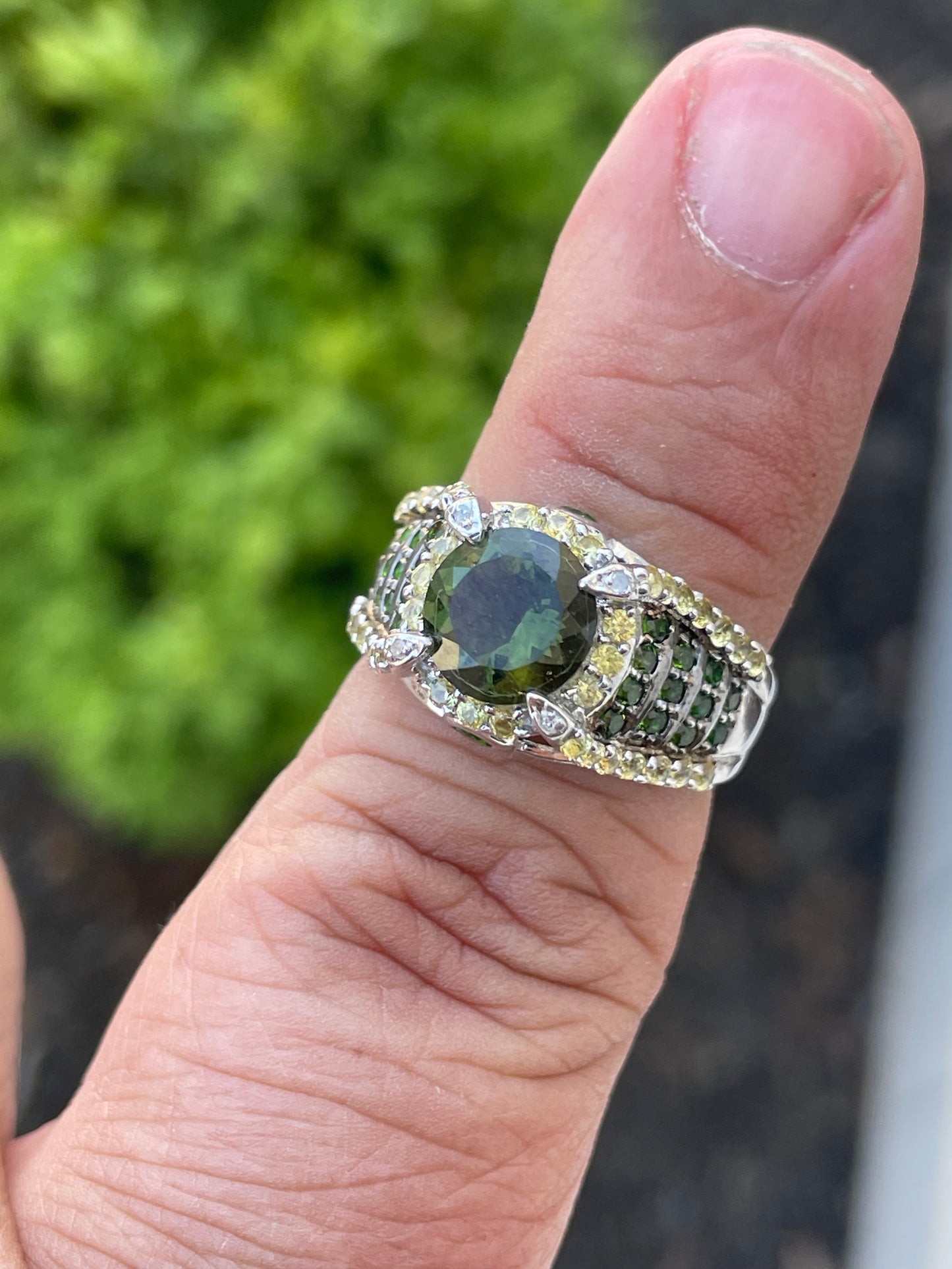925 Sterling Silver Chrome Diopside Peridot & Citrine Cluster Ring Size 7