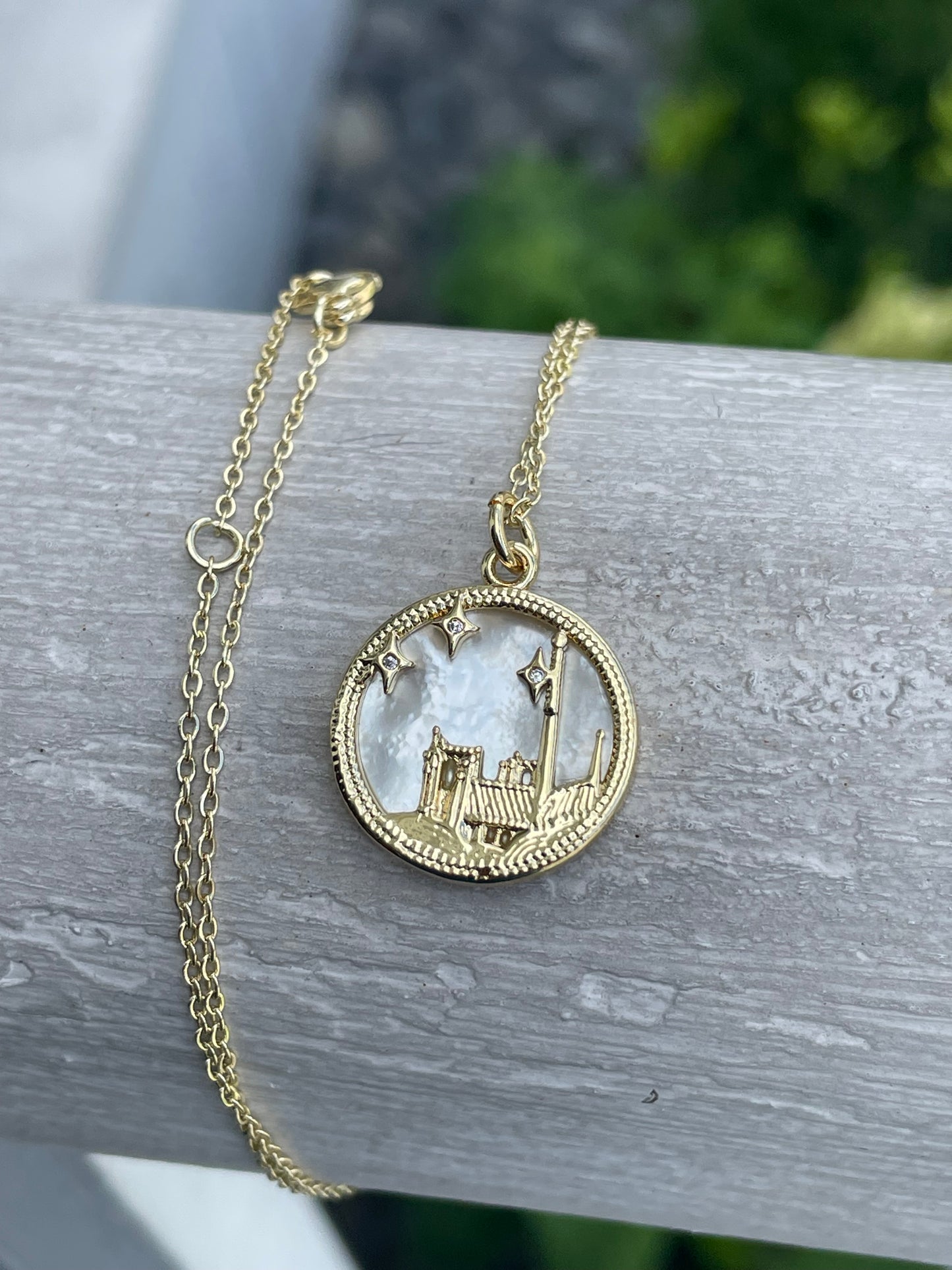 Gold Plated Enchanted Castle Mother of Pearl Reversible Necklace