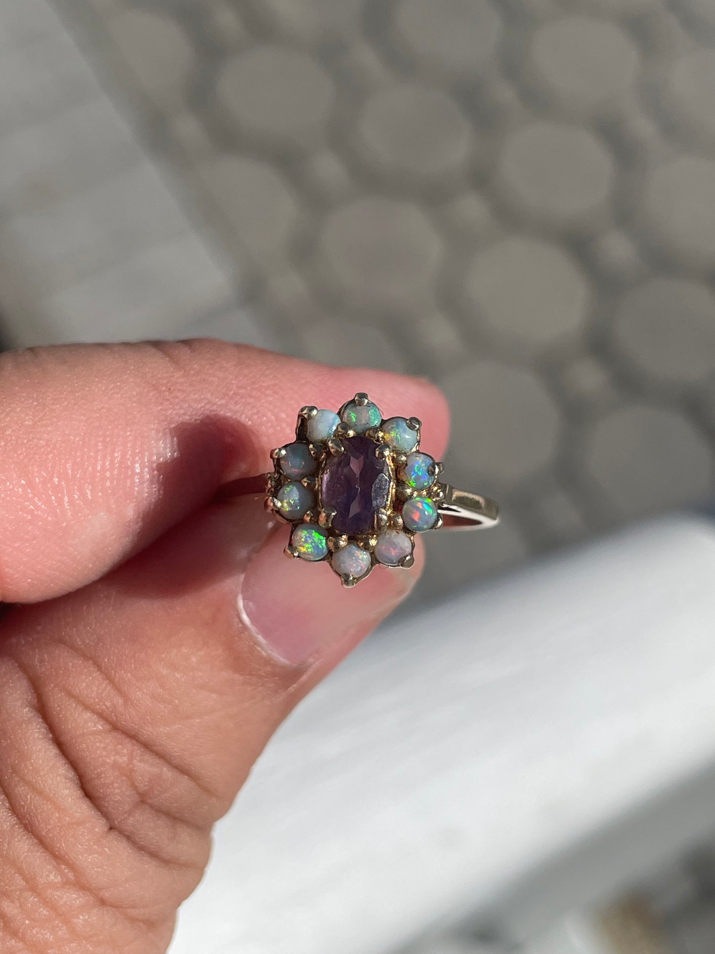 14k Gold Natural Amethyst & Opal Cluster Ring Size 7.5