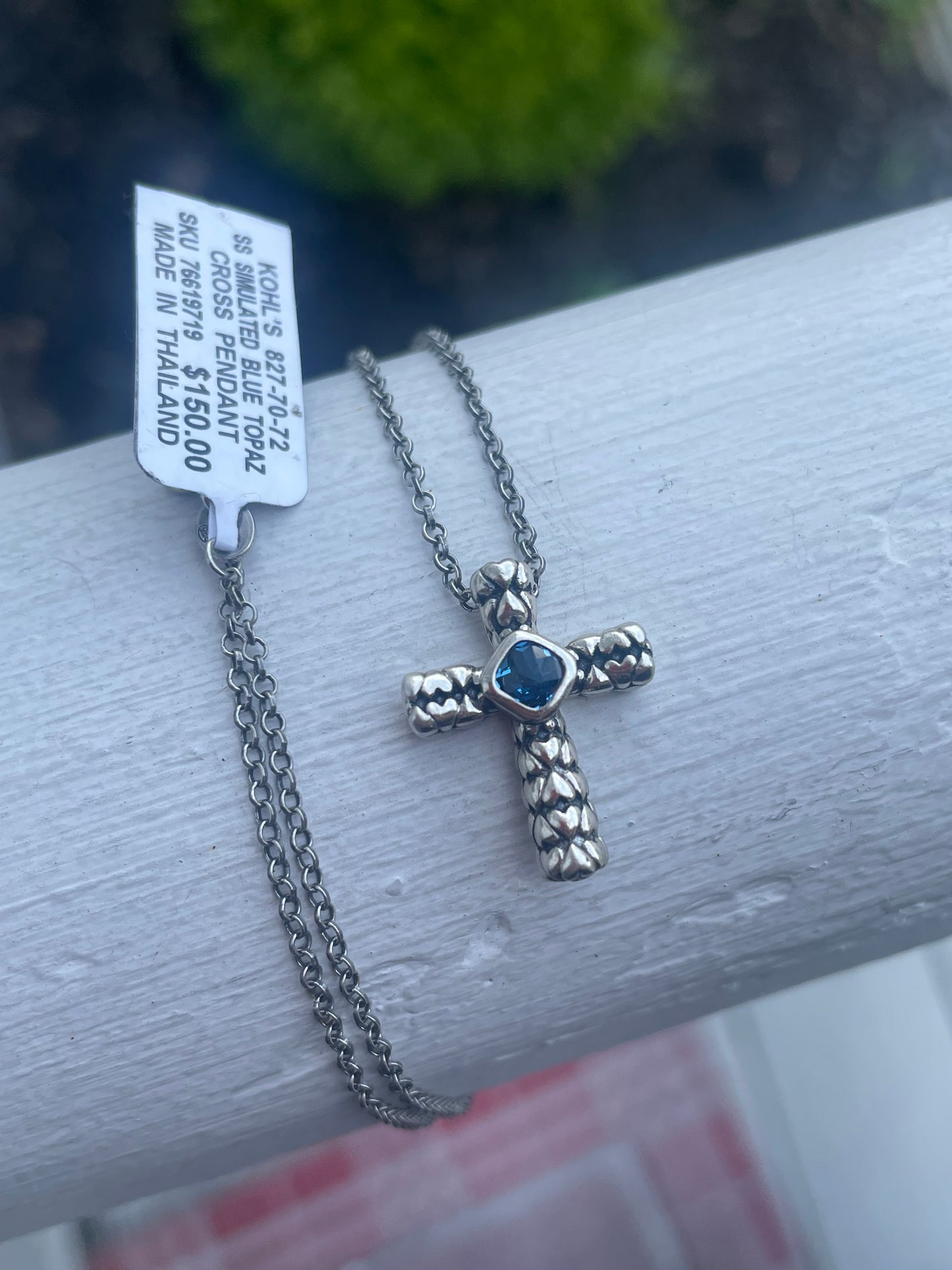 925 Sterling Silver Silver Simulated Blue Topaz Cross Necklace