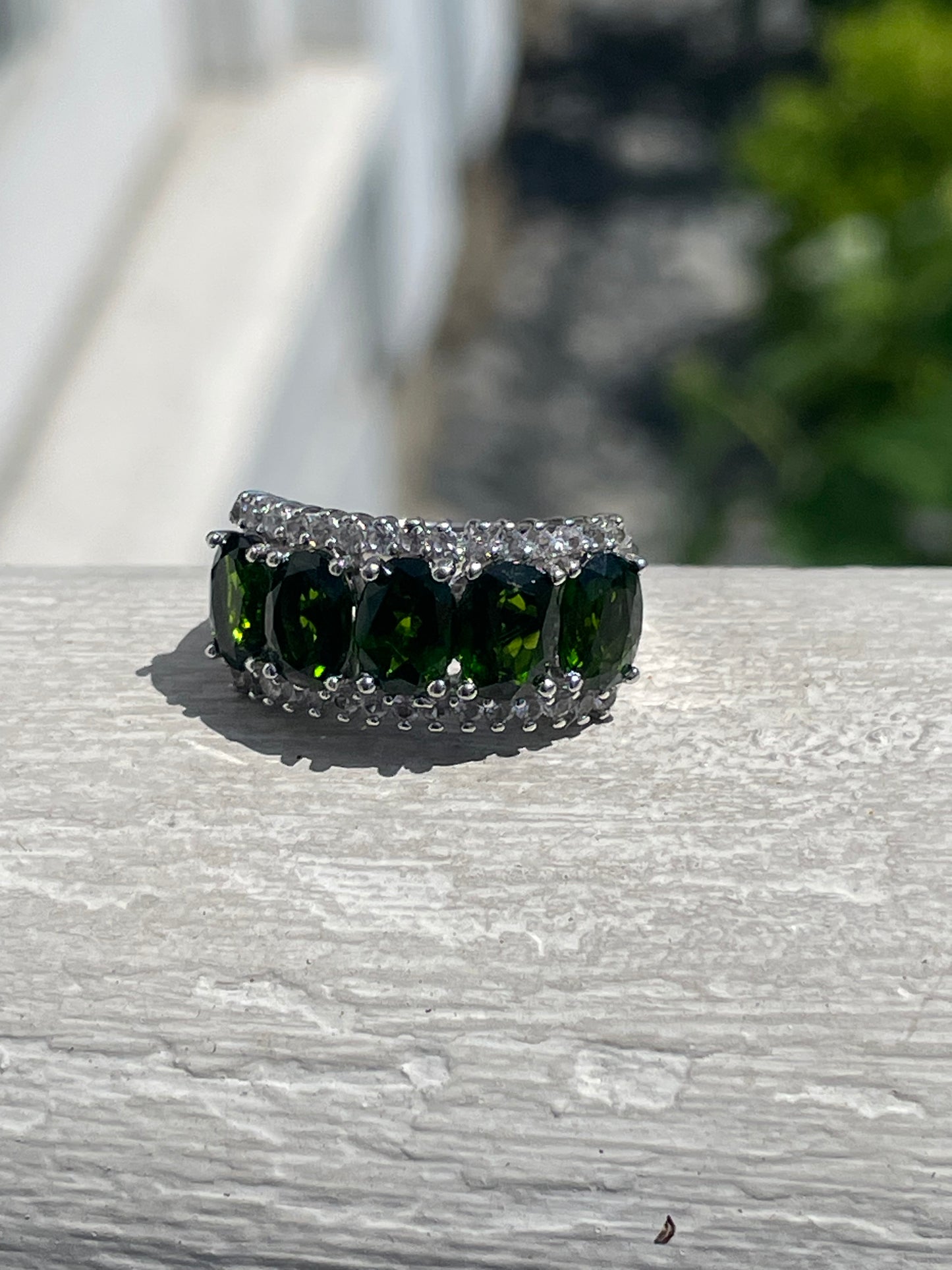 925 Sterling Silver Chrome Diopside & Cz Large Stone Band Ring Size 6