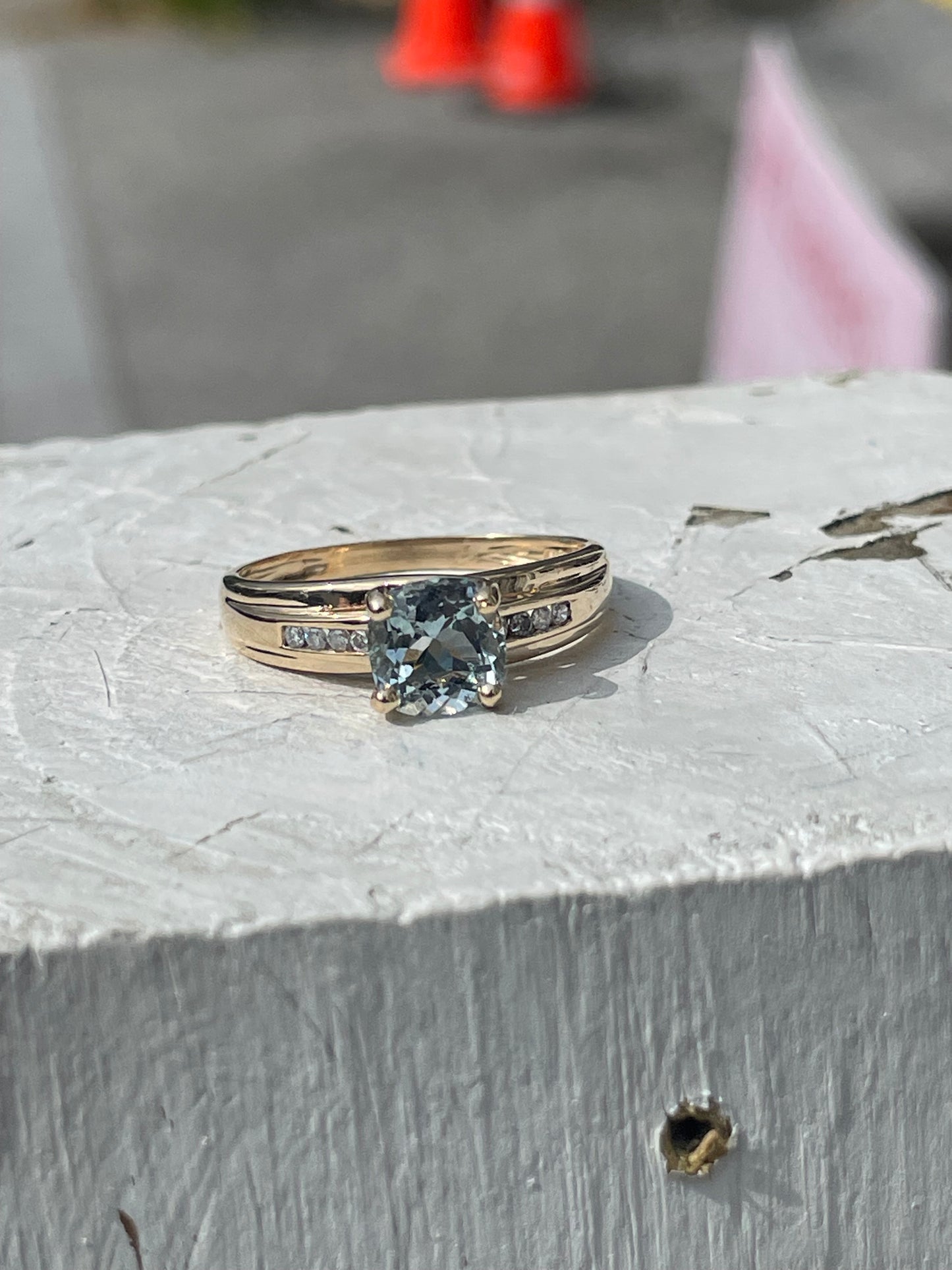 14k Gold Aquamarine & Diamond Solitaire Ring