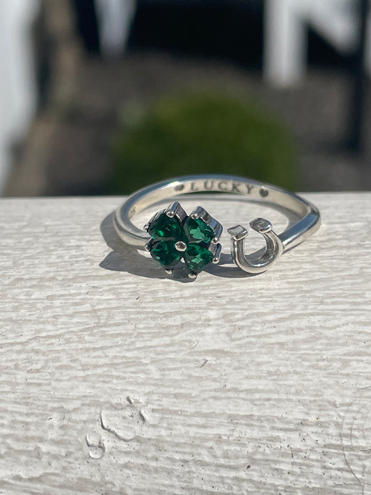 925 Sterling Silver Lucky Clover & Horseshoe Ring ~ Open Size